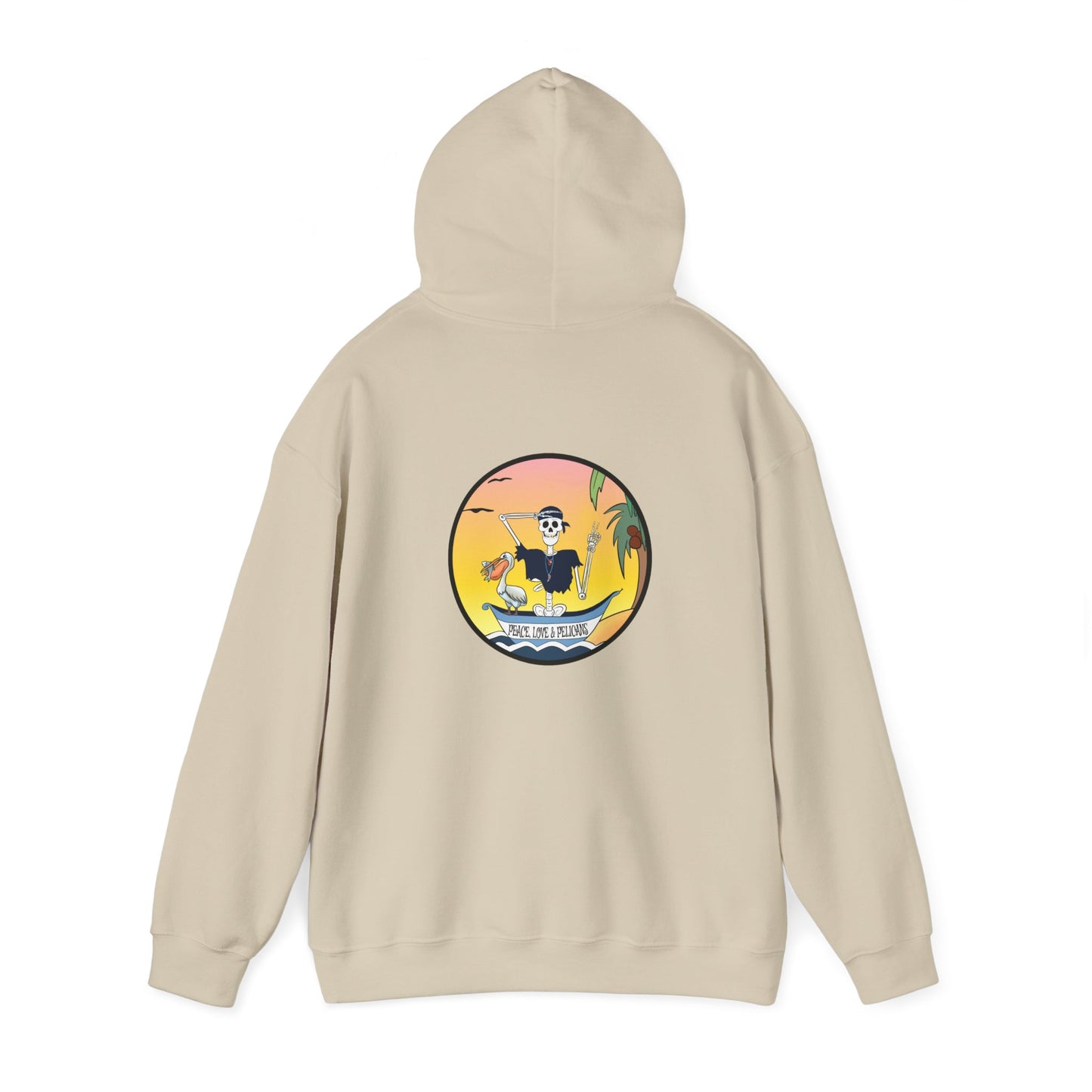 Peace, Love & Pelicans, The Classic All Day Hooded Sweatshirt, Carolina Blue, Sand, Black, White, and Navy