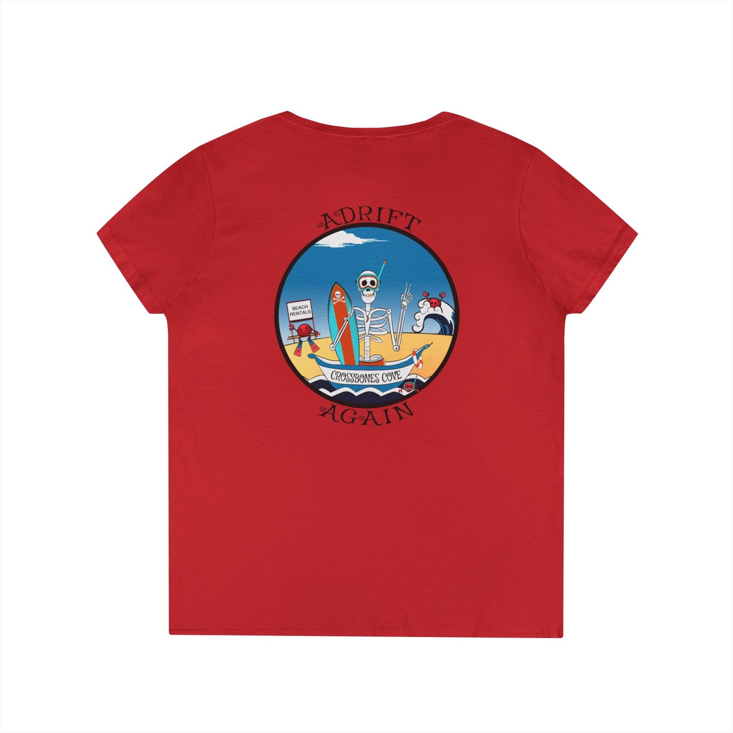 Crossbones Cove, Women's V-Neck T-Shirt, in Red, White, Graphite Heather & Royal