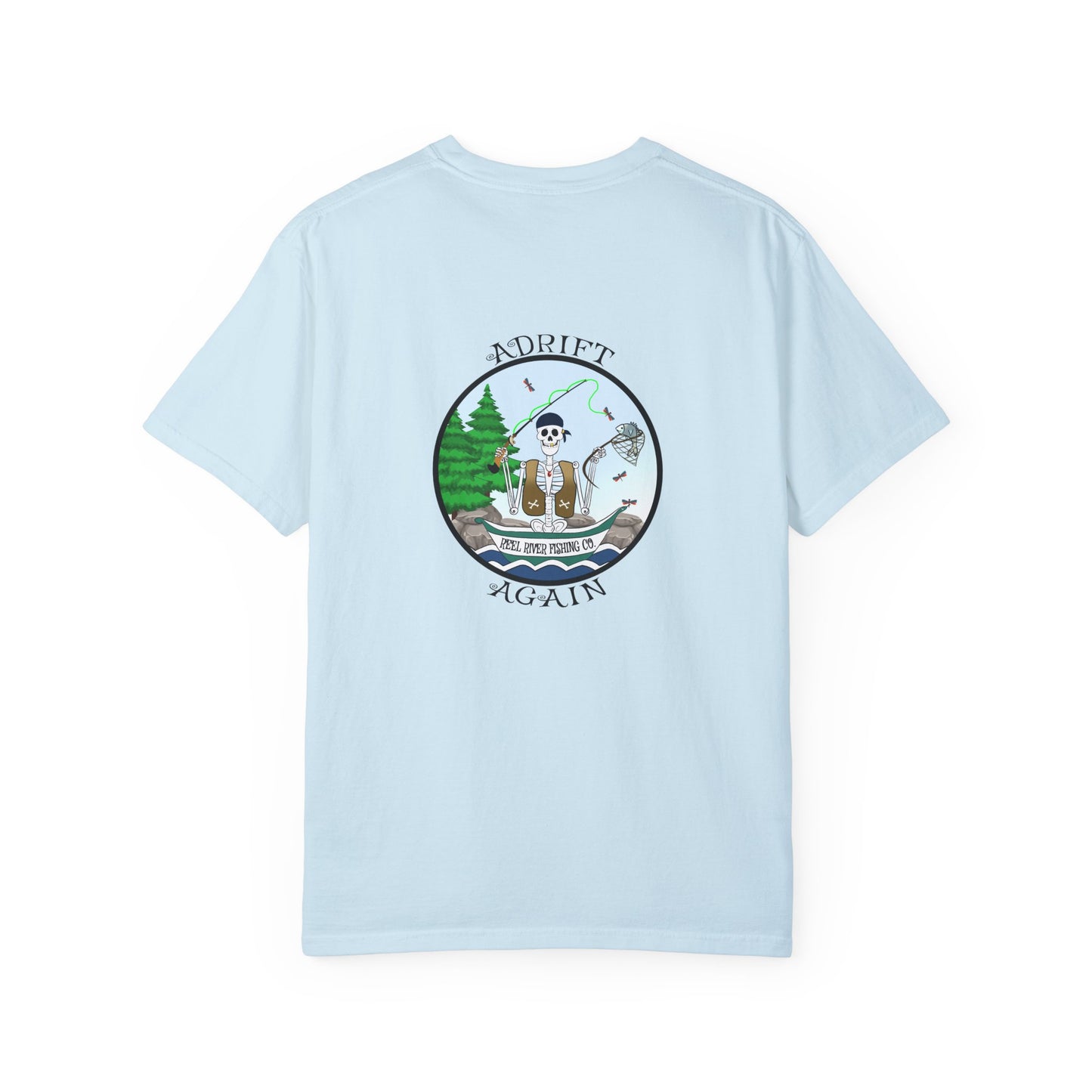 Reel River Fishing Co., Unisex Garment-Dyed, Short Sleeve T-shirt, In Espresso, Black, Chambray & White
