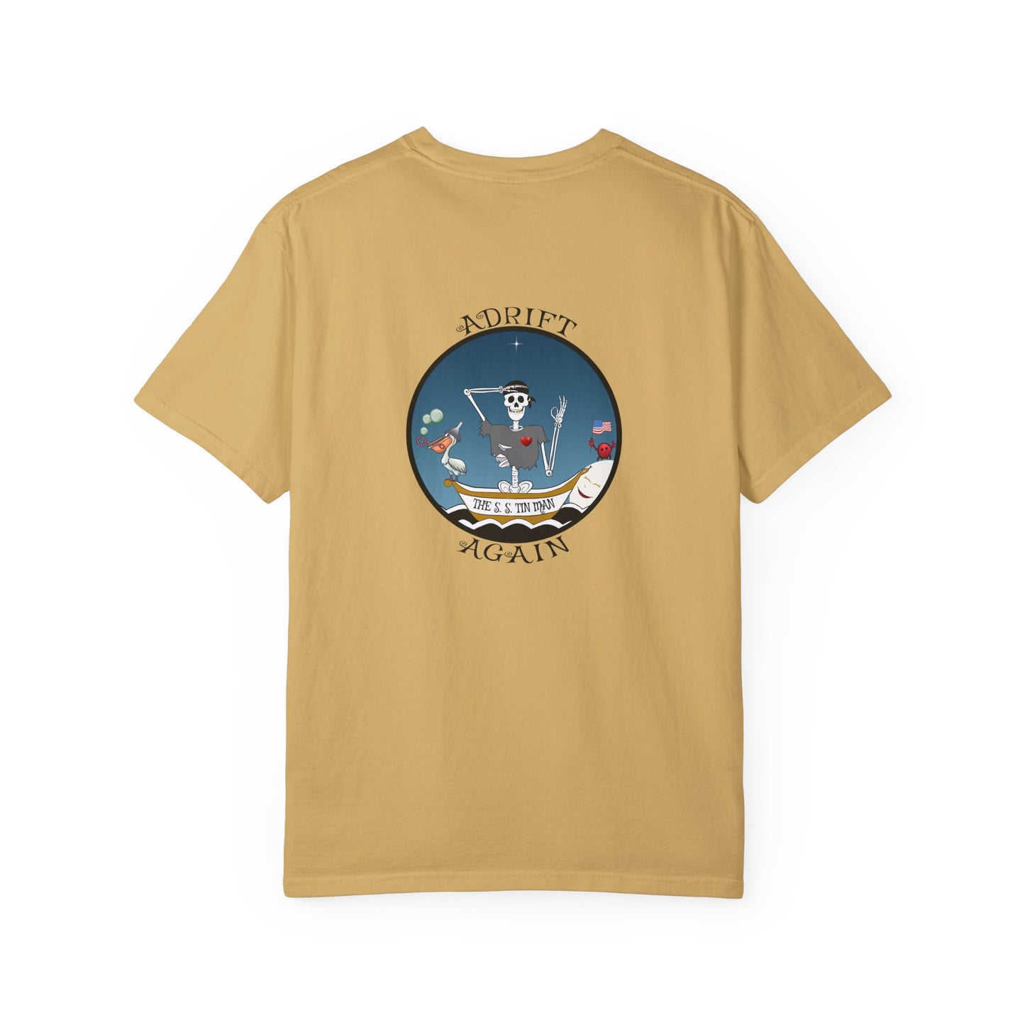 The S. S. Tin Man, Unisex Garment-Dyed, Short Sleeve T-shirt, In Mustard, Granite, White, Ice Blue and Black
