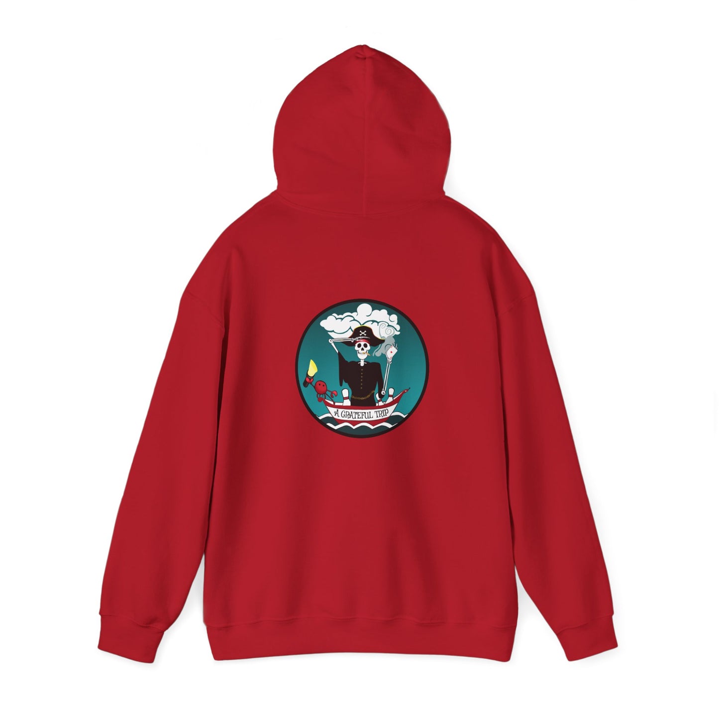 A Grateful Trip, The Classic All Day Hooded Sweatshirt, White, Indigo Blue, Antique Sapphire, and Cherry Red