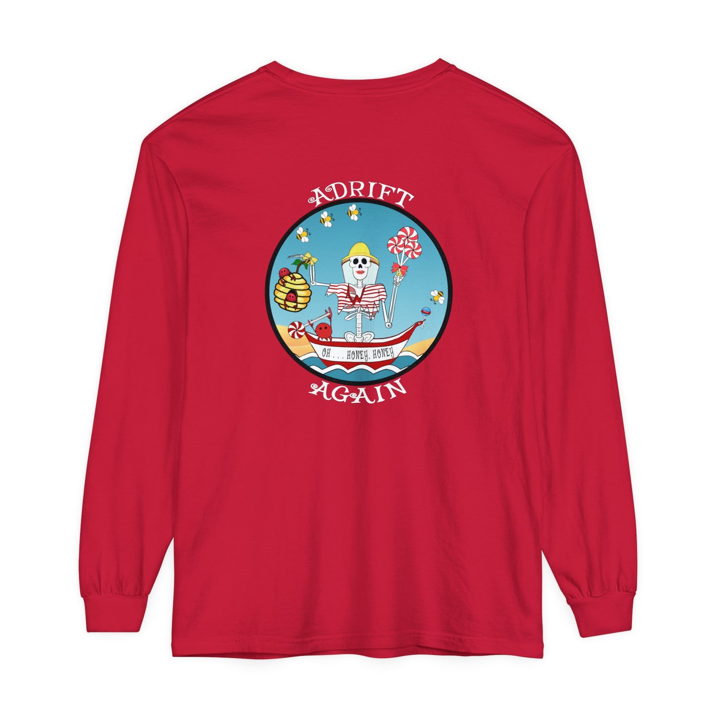 Oh . . . Honey, Honey Unisex Garment-dyed Long Sleeve T-Shirt, Red, Chambray, Butter, White & Black,