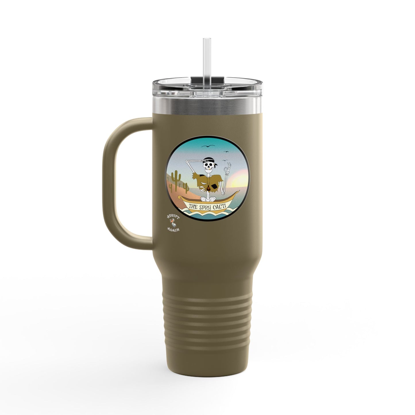 The Spry Cacti Insulated Travel Mug, 40oz, In Olive Green
