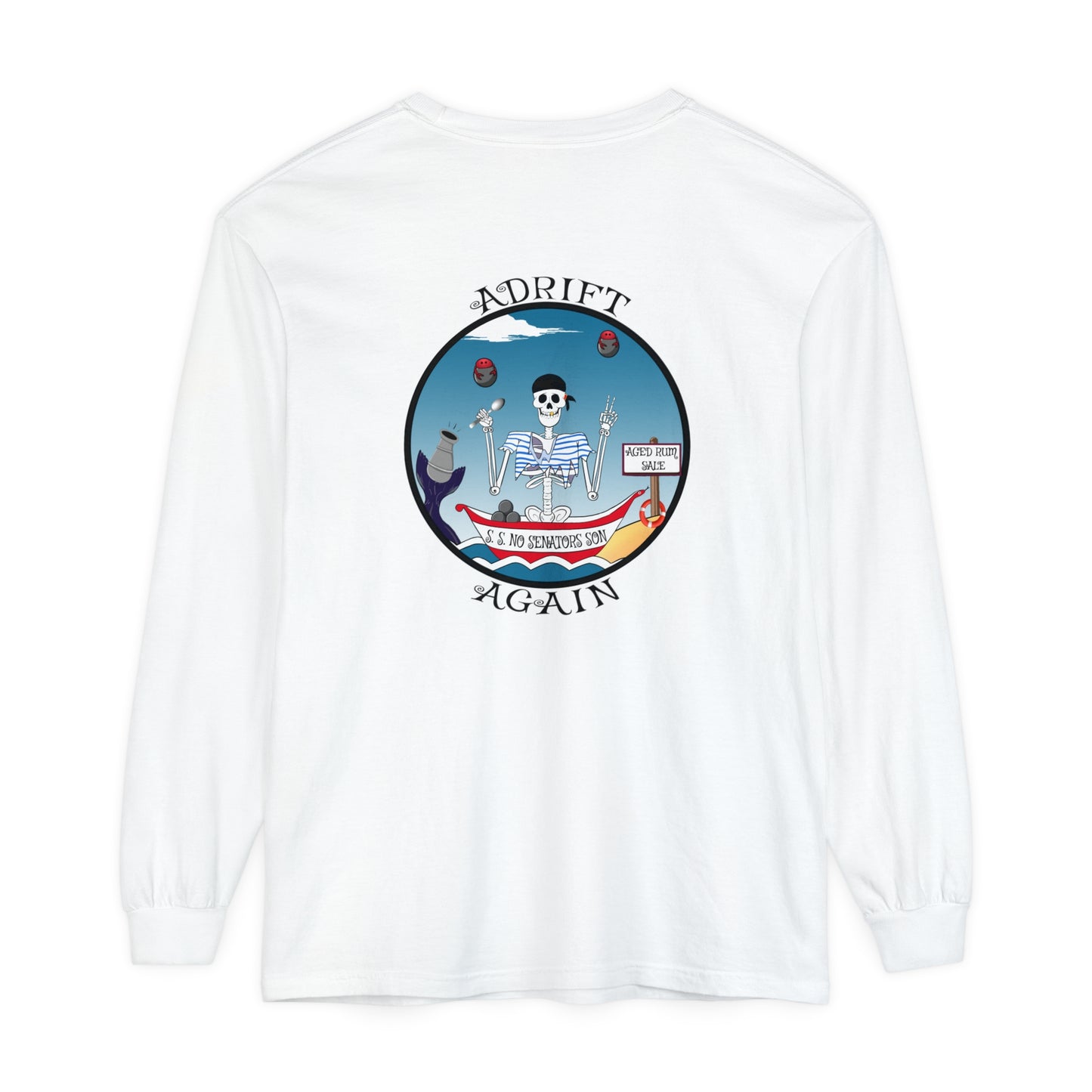 S. S. No Senators Son Unisex Garment-dyed Long Sleeve T-Shirt, Chambray, Red, True Navy, White, and Black