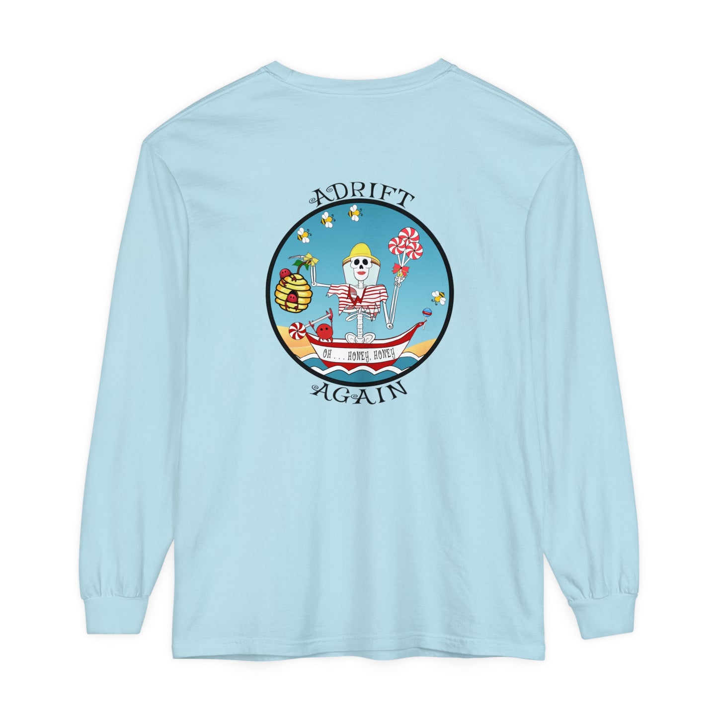 Oh . . . Honey, Honey Unisex Garment-dyed Long Sleeve T-Shirt, Red, Chambray, Butter, White & Black,