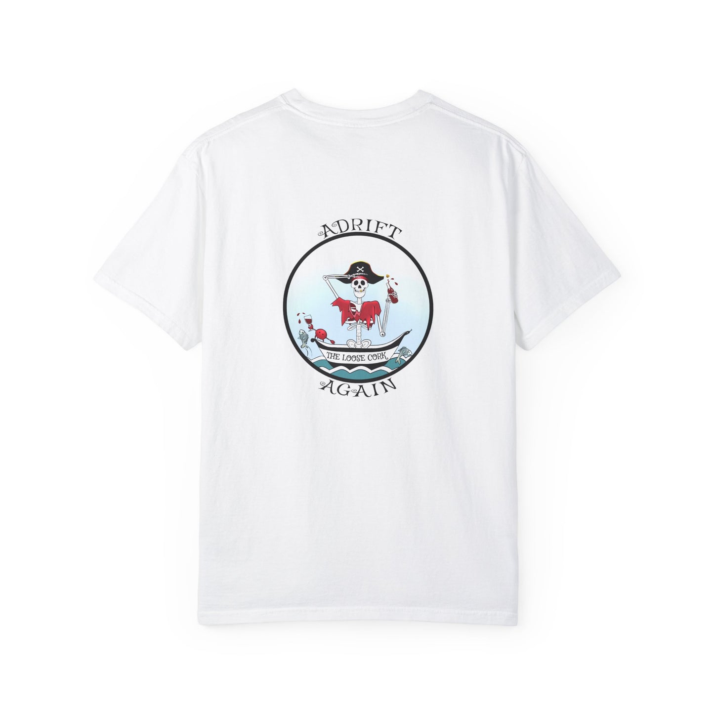 The Loose Cork, Unisex Garment-Dyed, Short Sleeve T-shirt, In Topaz Blue, Chambray, White, Black & Red