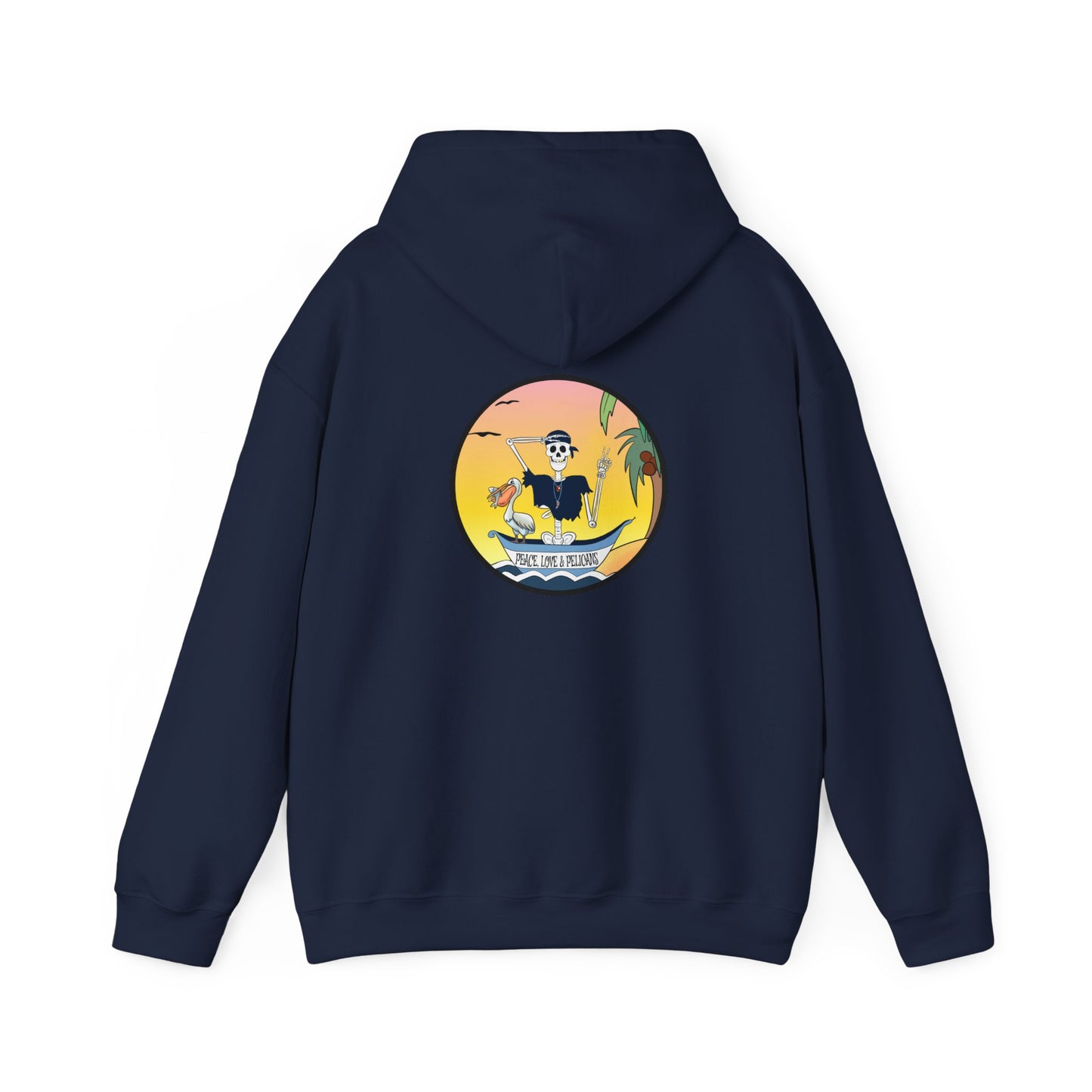 Peace, Love & Pelicans, The Classic All Day Hooded Sweatshirt, Carolina Blue, Sand, Black, White, and Navy