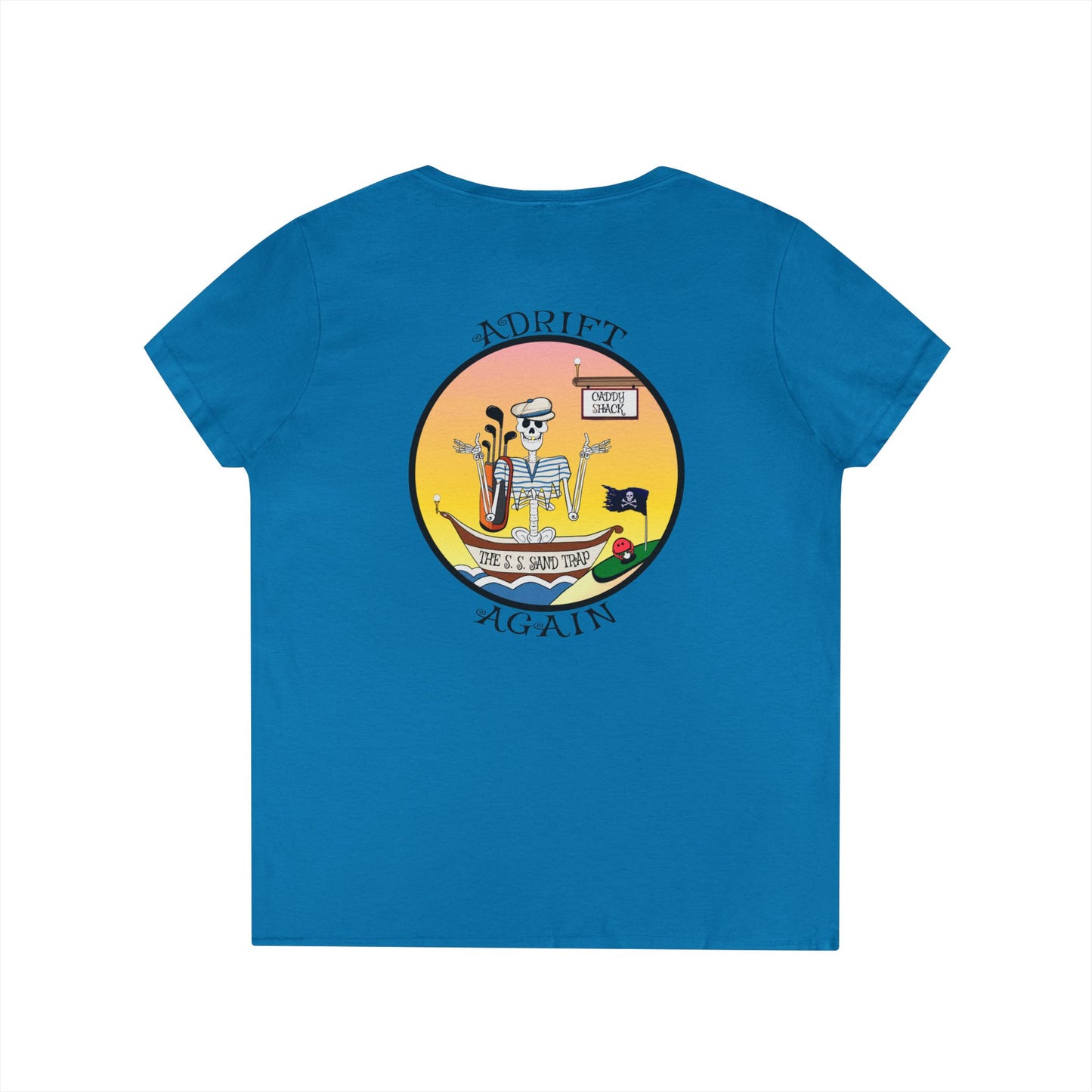 The S. S. Sand Trap, Women's V-Neck T-Shirt, in Sapphire, Graphite Heather & White