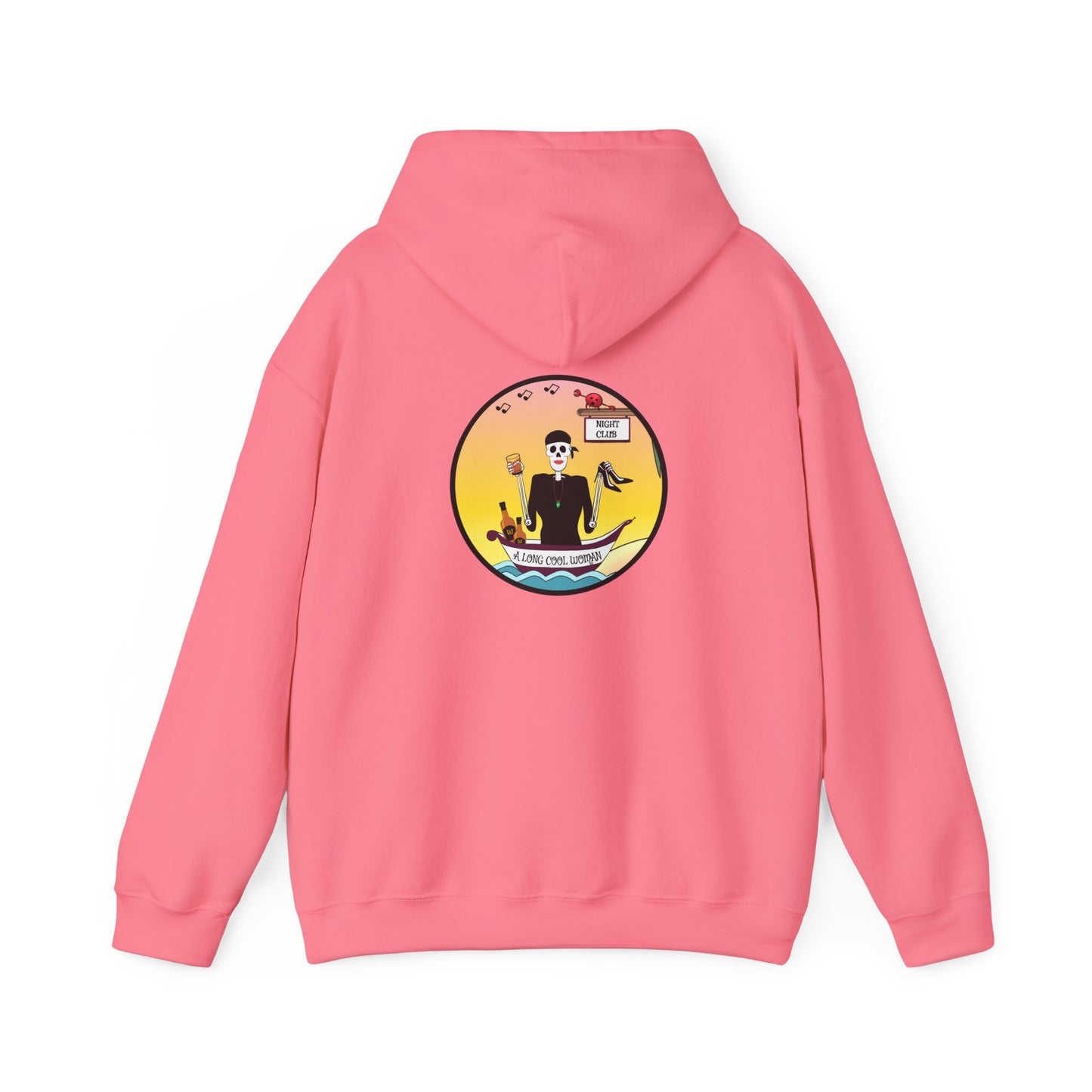 A Long Cool Woman, The Classic All Day Hooded Sweatshirt, Safety Pink, Safety Orange, Antique Sapphire, Cherry Red, and Black