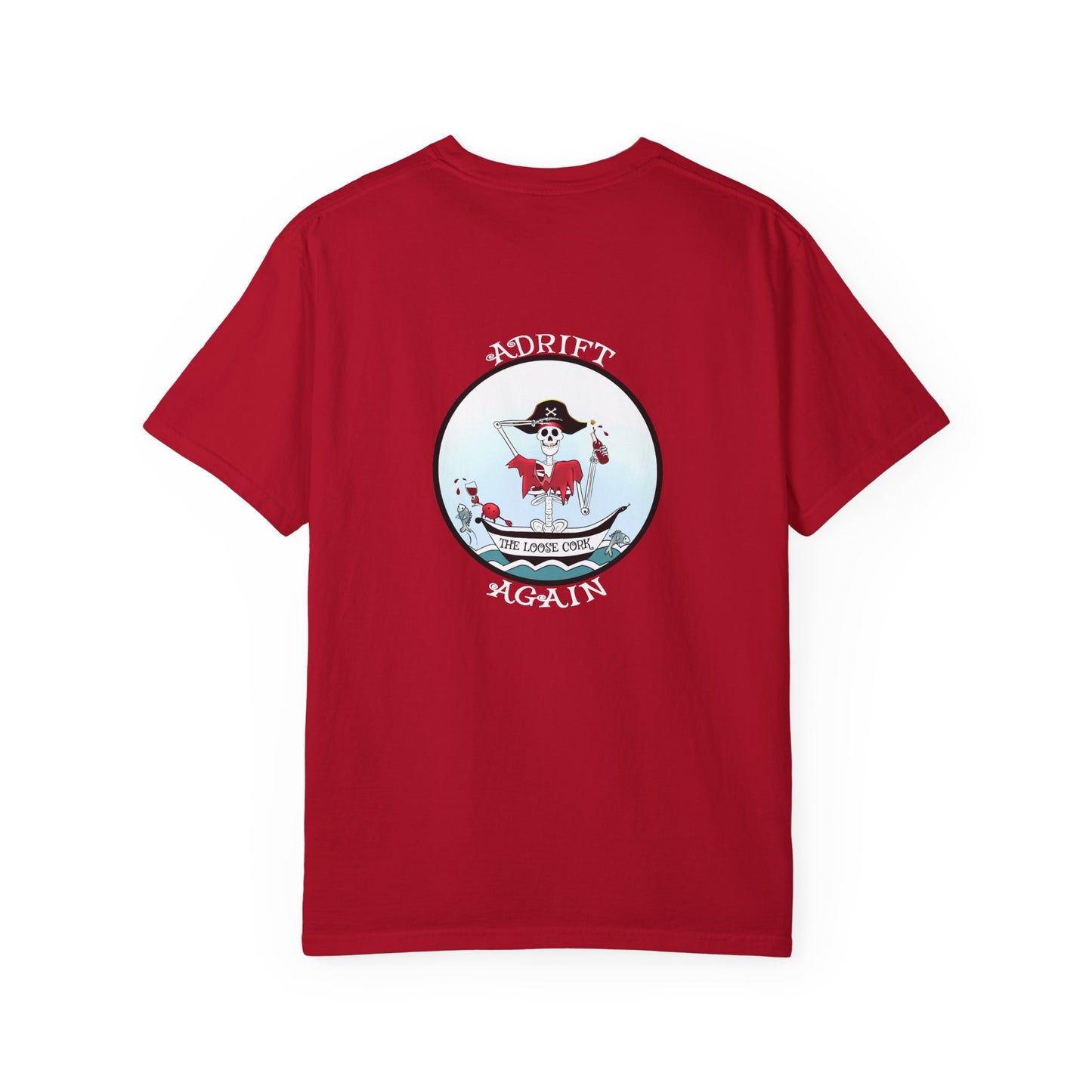 The Loose Cork, Unisex Garment-Dyed, Short Sleeve T-shirt, In Topaz Blue, Chambray, White, Black & Red