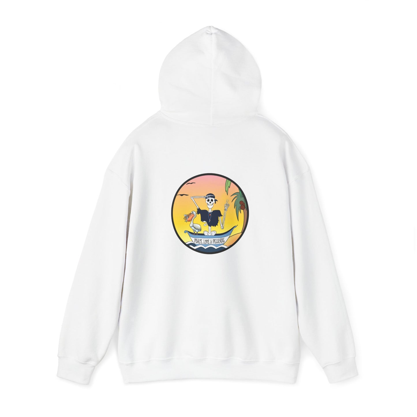 Peace, Love & Pelicans, The Classic All Day Hooded Sweatshirt, Carolina Blue, Sand, Black, White, and Navy