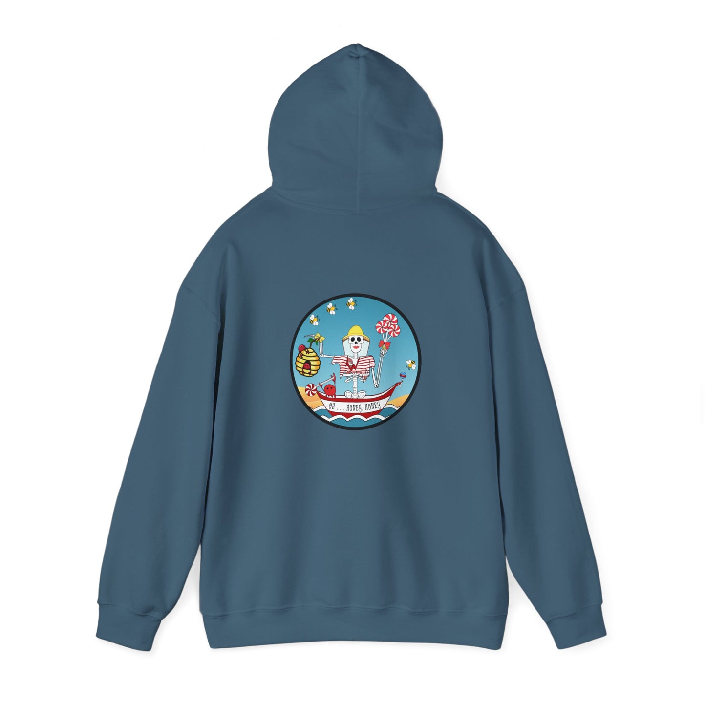 Oh . . . Honey, Honey, The Classic All Day Hooded Sweatshirt, Indigo Blue, Antique Sapphire, Cherry Red, and White,