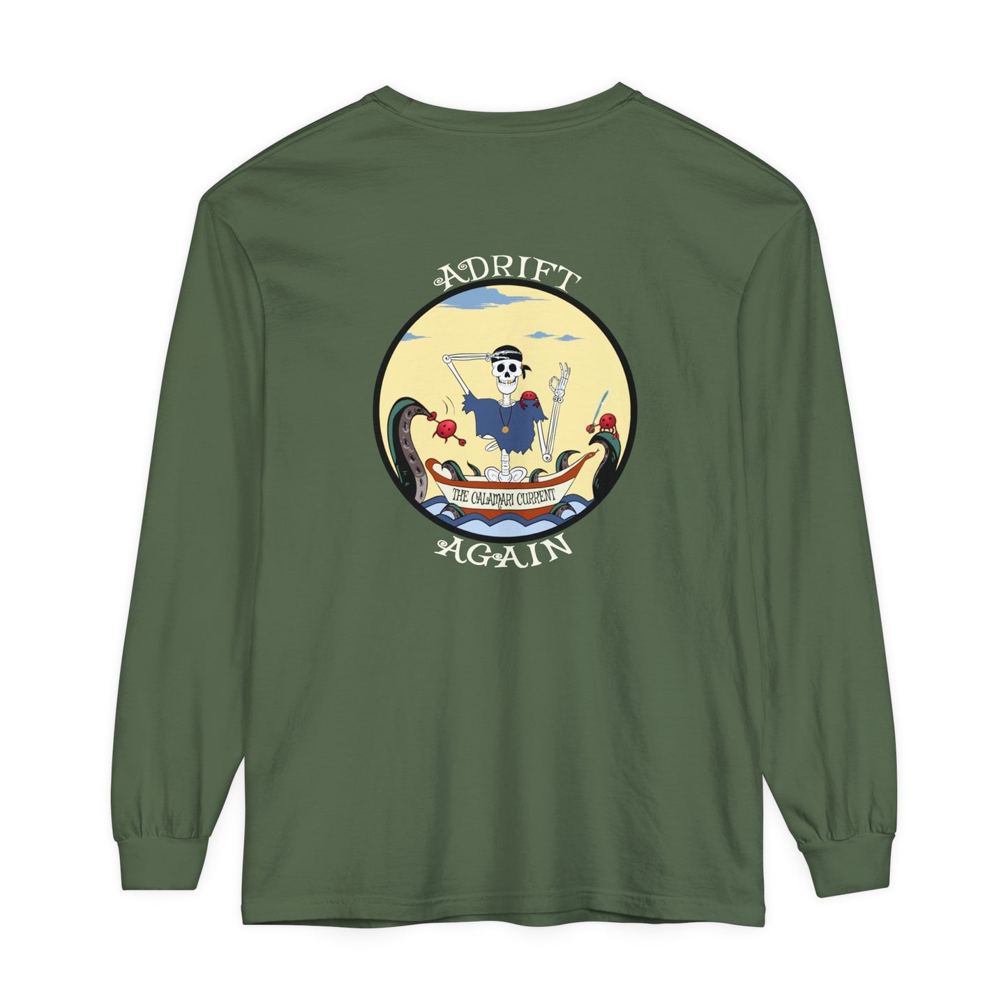 The Calamari Current Unisex Garment-dyed Long Sleeve T-Shirt, in Blue Jean & Hemp