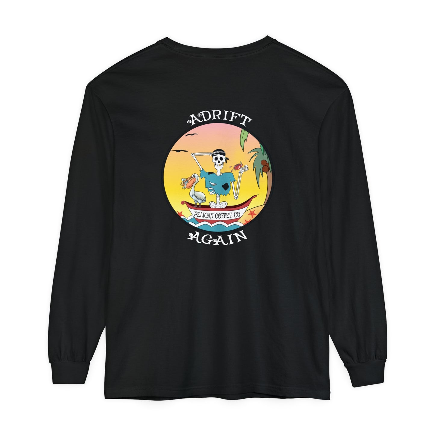 Pelican Coffee Co. Unisex Garment-dyed Long Sleeve T-Shirt, in White, Chalky Mint & Black