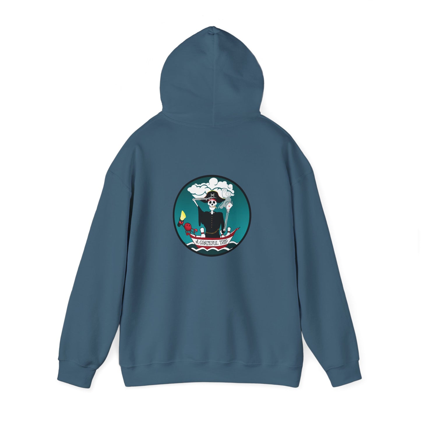A Grateful Trip, The Classic All Day Hooded Sweatshirt, White, Indigo Blue, Antique Sapphire, and Cherry Red