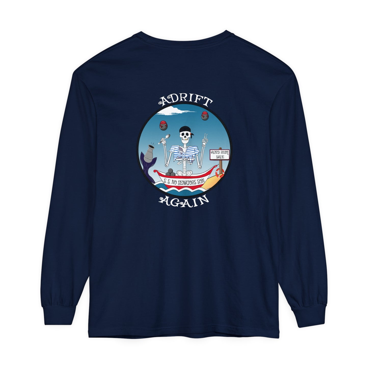 S. S. No Senators Son Unisex Garment-dyed Long Sleeve T-Shirt, Chambray, Red, True Navy, White, and Black