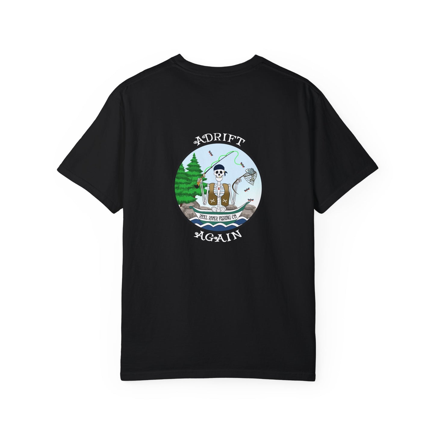 Reel River Fishing Co., Unisex Garment-Dyed, Short Sleeve T-shirt, In Espresso, Black, Chambray & White