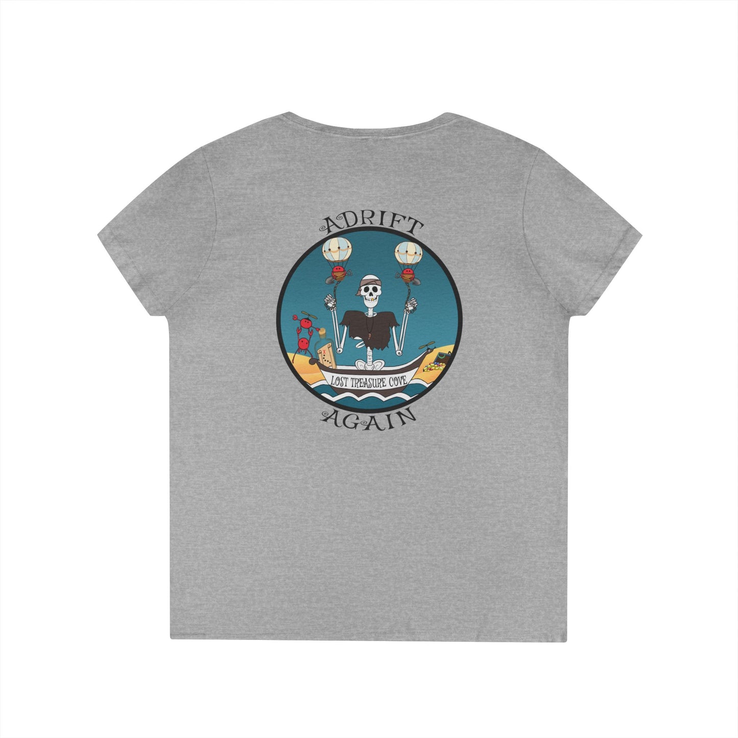 Lost Treasure Cove, Women's V-Neck T-Shirt, in Sport Grey, White & Red