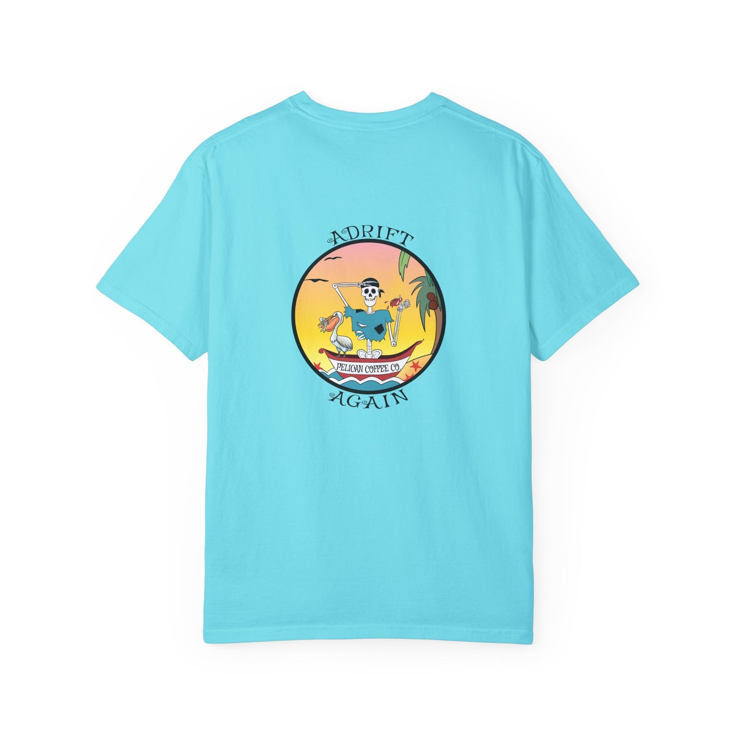 Pelican Coffee Co., Unisex Garment-Dyed, Short Sleeve T-shirt, In Lagoon Blue, Black, Terracotta & White