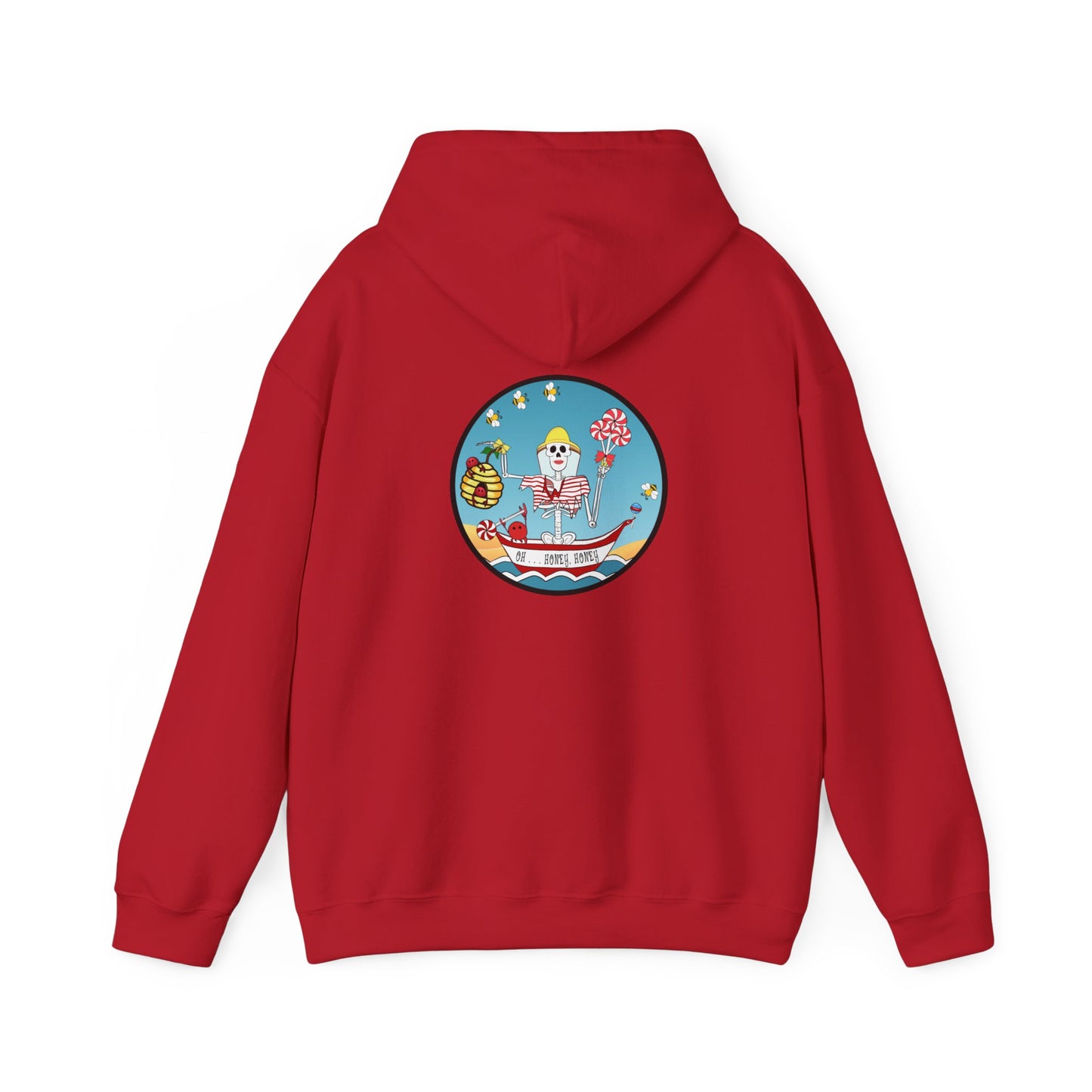 Oh . . . Honey, Honey, The Classic All Day Hooded Sweatshirt, Indigo Blue, Antique Sapphire, Cherry Red, and White,