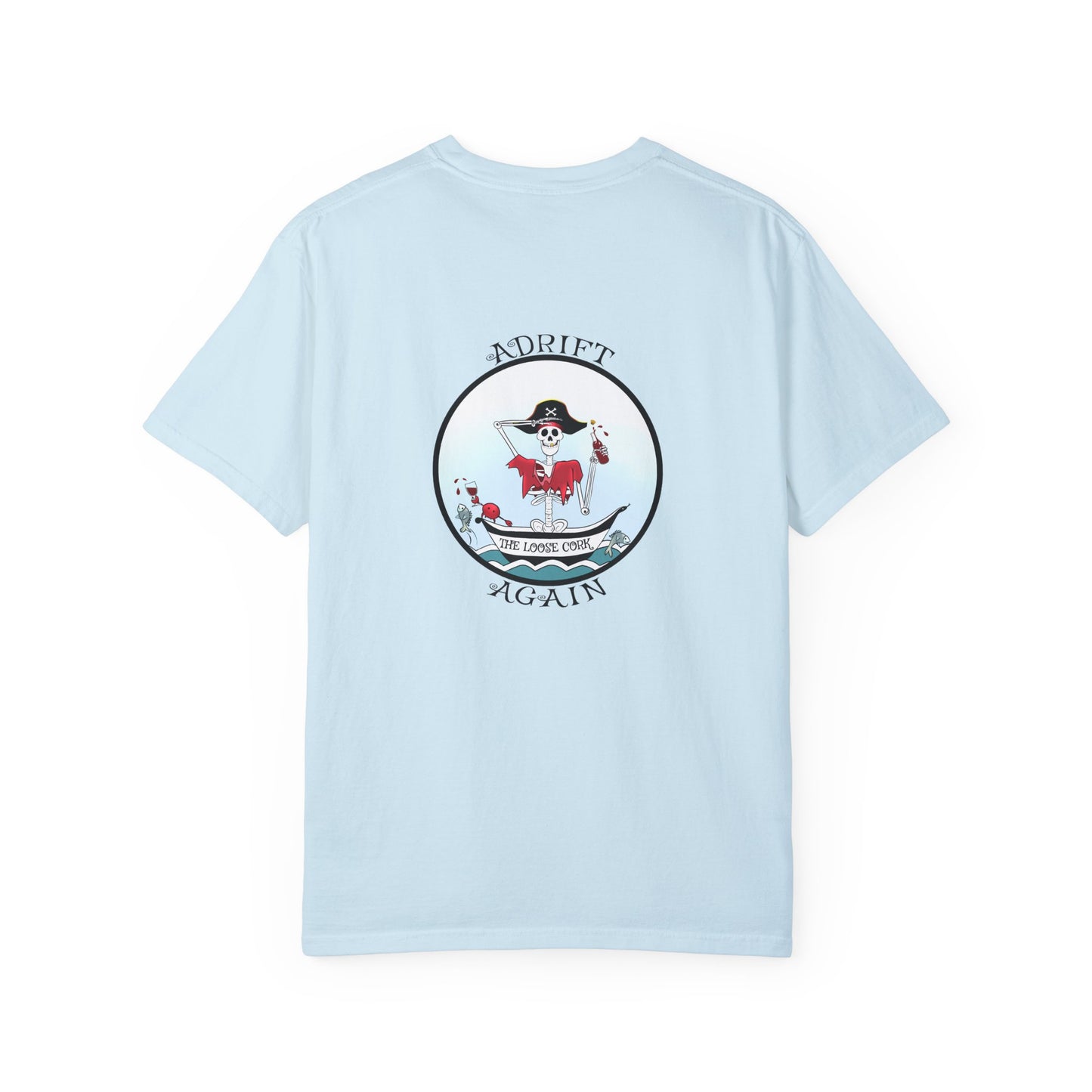 The Loose Cork, Unisex Garment-Dyed, Short Sleeve T-shirt, In Topaz Blue, Chambray, White, Black & Red