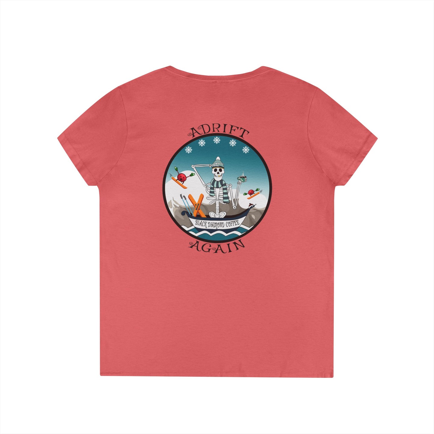 Black Diamond Coffee, Women's V-Neck T-Shirt, in Sapphire, White, Graphite Heather, Red & Coral Silk