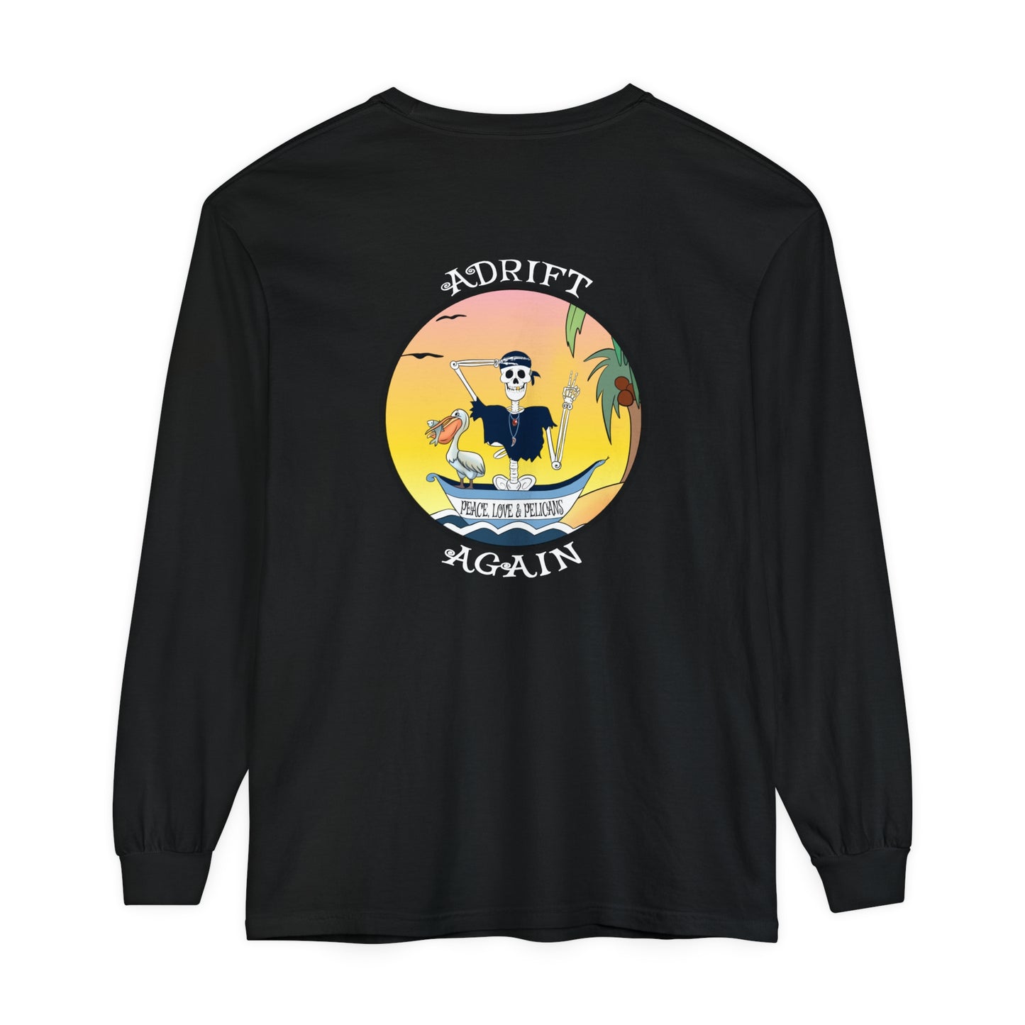 Peace, Love & Pelicans Unisex Garment-dyed Long Sleeve T-Shirt, in True Navy, Melon, Blue Jean & Black