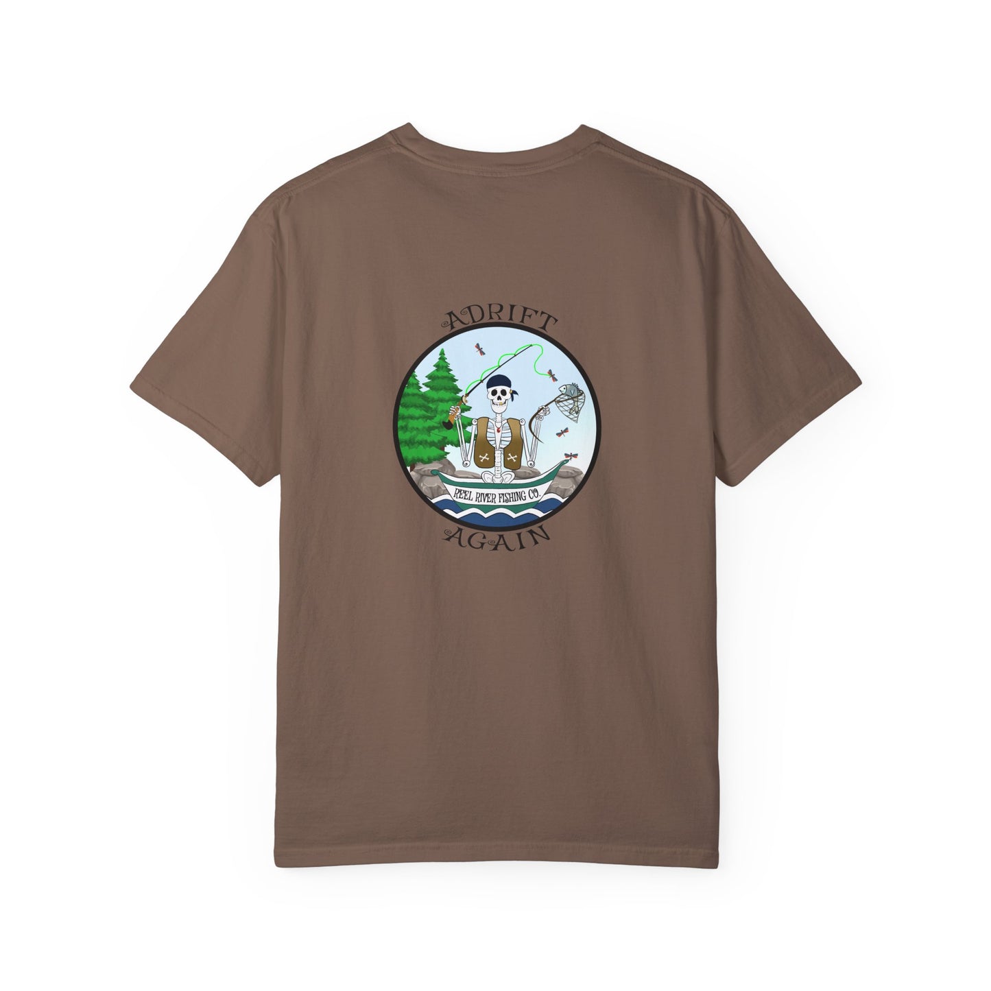 Reel River Fishing Co., Unisex Garment-Dyed, Short Sleeve T-shirt, In Espresso, Black, Chambray & White