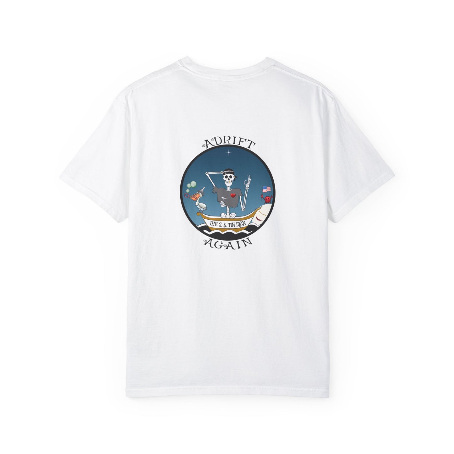 The S. S. Tin Man, Unisex Garment-Dyed, Short Sleeve T-shirt, In Mustard, Granite, White, Ice Blue and Black