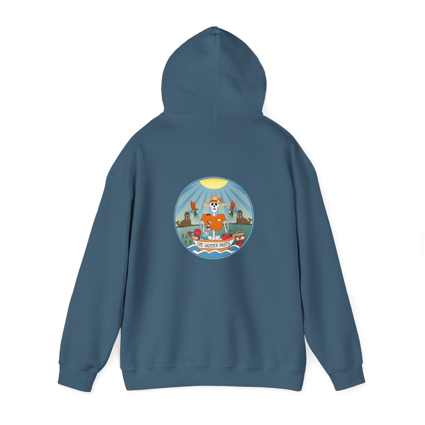 The Garden Party, The Classic All Day Hooded Sweatshirt in Heliconia, Indigo Blue & Antique Sapphire