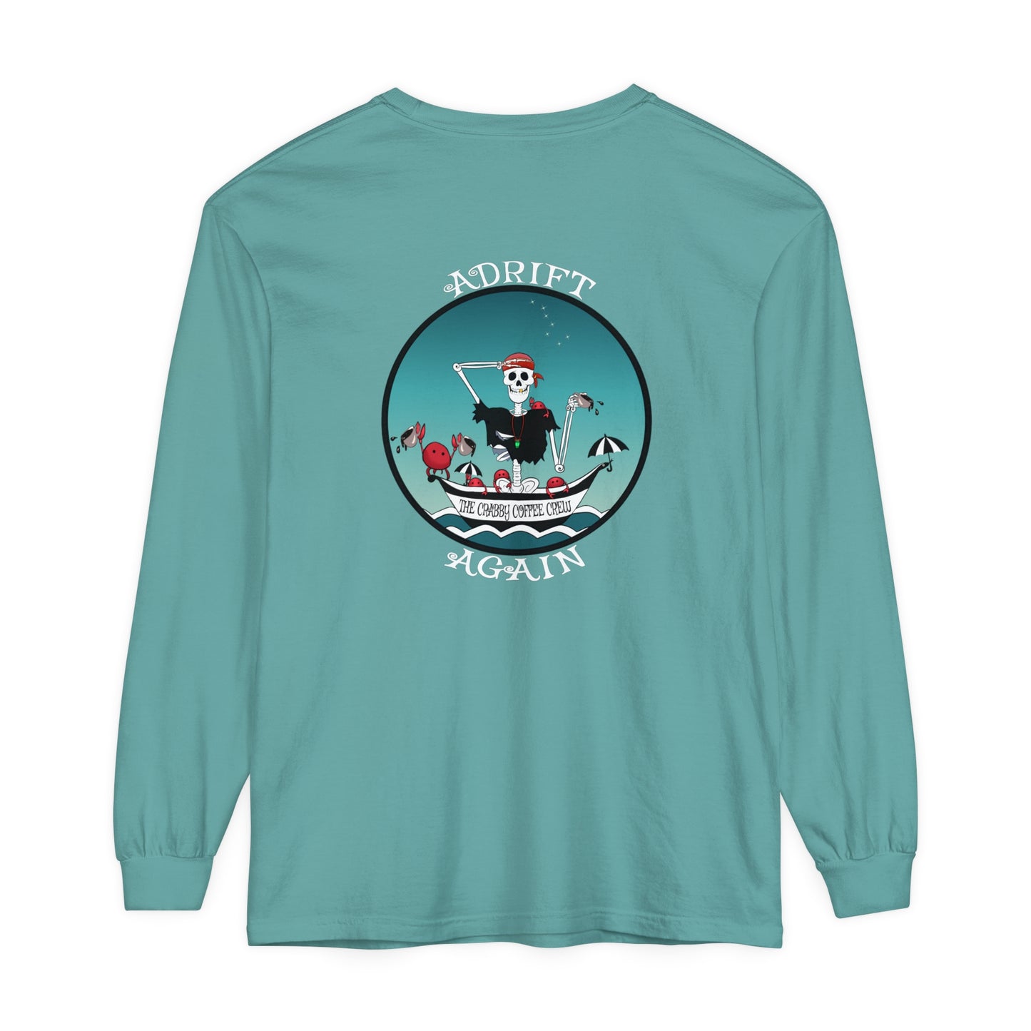 The Crabby Coffee Crew Unisex Garment-dyed Long Sleeve T-Shirt, in Mint, Black & Seafoam