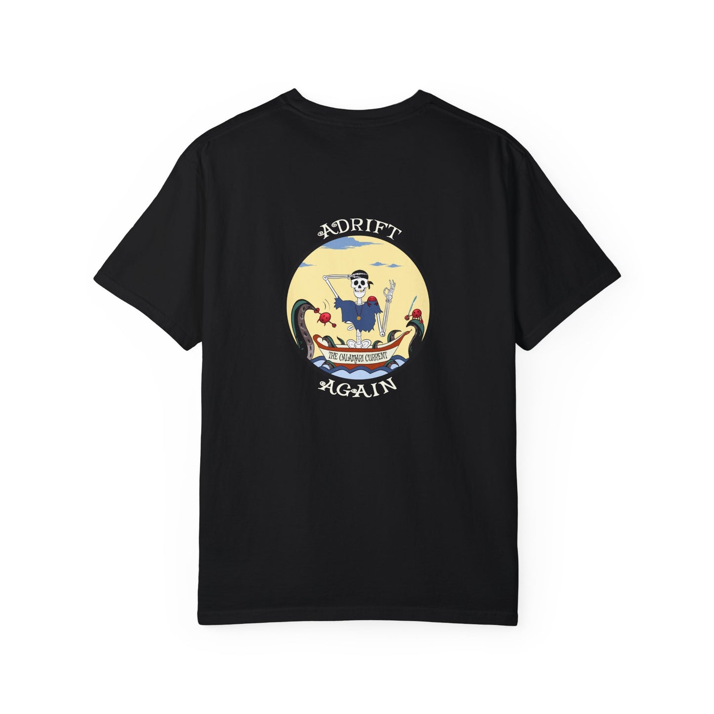 The Calamari Current, Unisex Garment-Dyed, Short Sleeve T-shirt, In China Blue, Banana, Moss, Khaki, White & Black