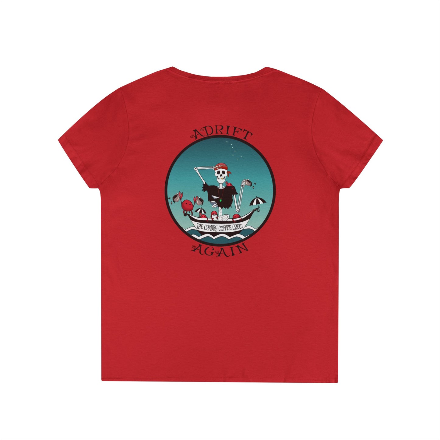 The Crabby Coffee Crew, Women's V-Neck T-Shirt, in Red, Graphite Heather, White & Sapphire