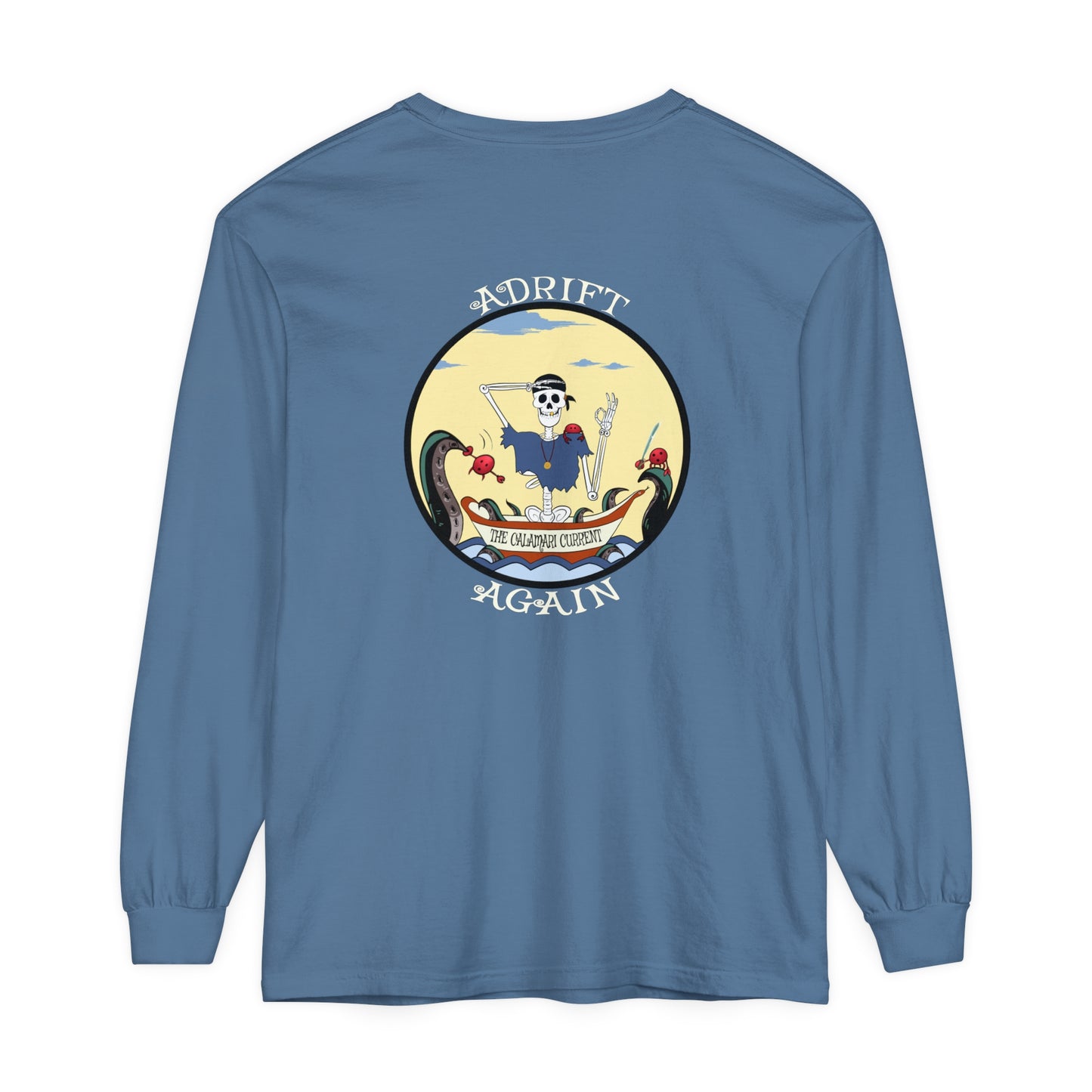 The Calamari Current Unisex Garment-dyed Long Sleeve T-Shirt, in Blue Jean & Hemp