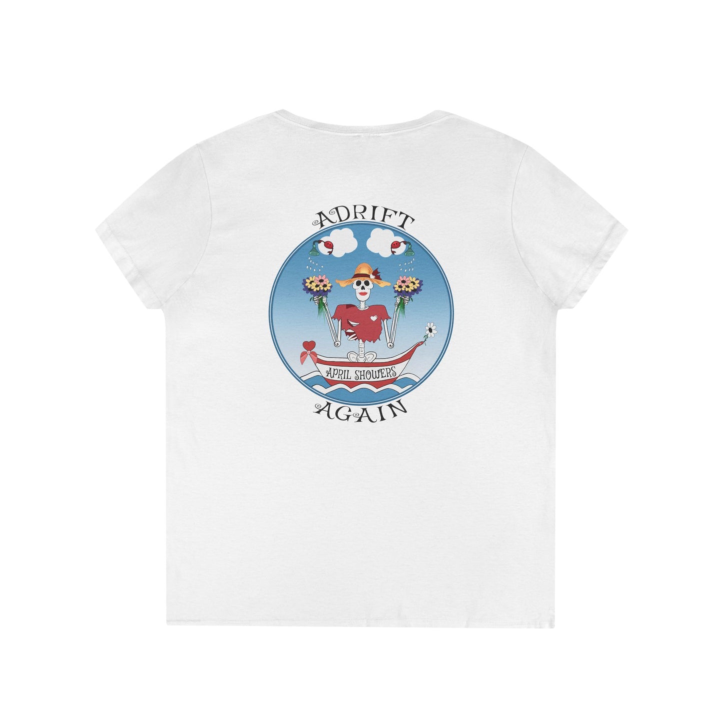 April Showers, Women's V-Neck T-Shirt, in Sport Grey, Azalea & White
