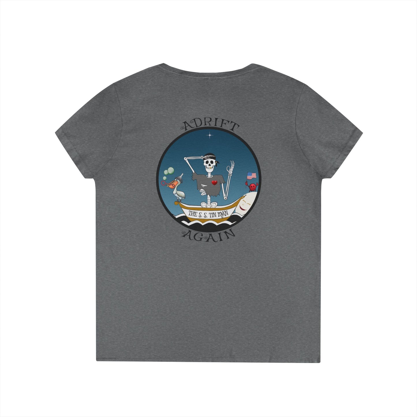The S. S. Tin Man, Women's V-Neck T-Shirt, in White, Graphite Heather, Royal and Red