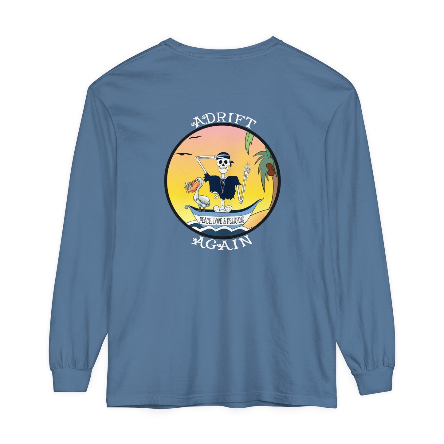 Peace, Love & Pelicans Unisex Garment-dyed Long Sleeve T-Shirt, in True Navy, Melon, Blue Jean & Black