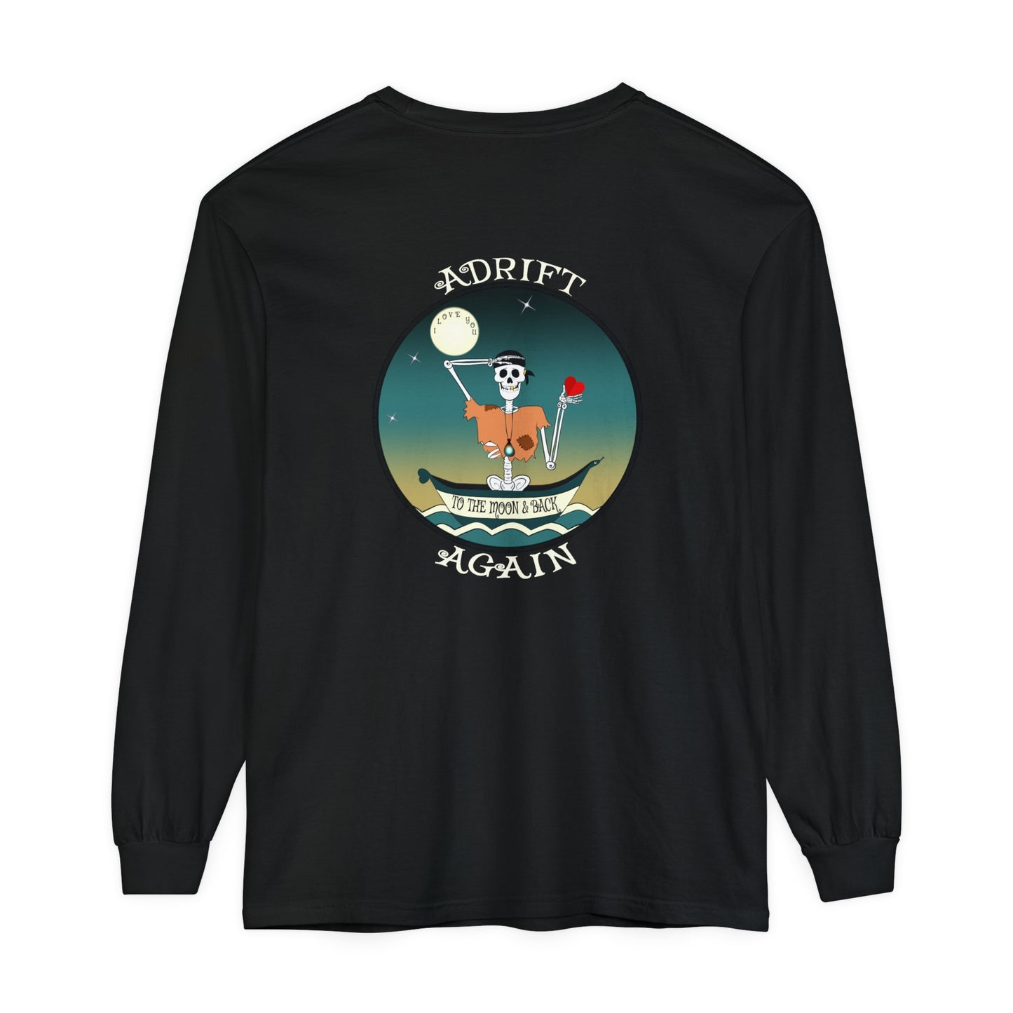 I Love You To The Moon & Back Unisex Garment-dyed Long Sleeve T-Shirt, in Seafoam, Black, & Blue Spruce