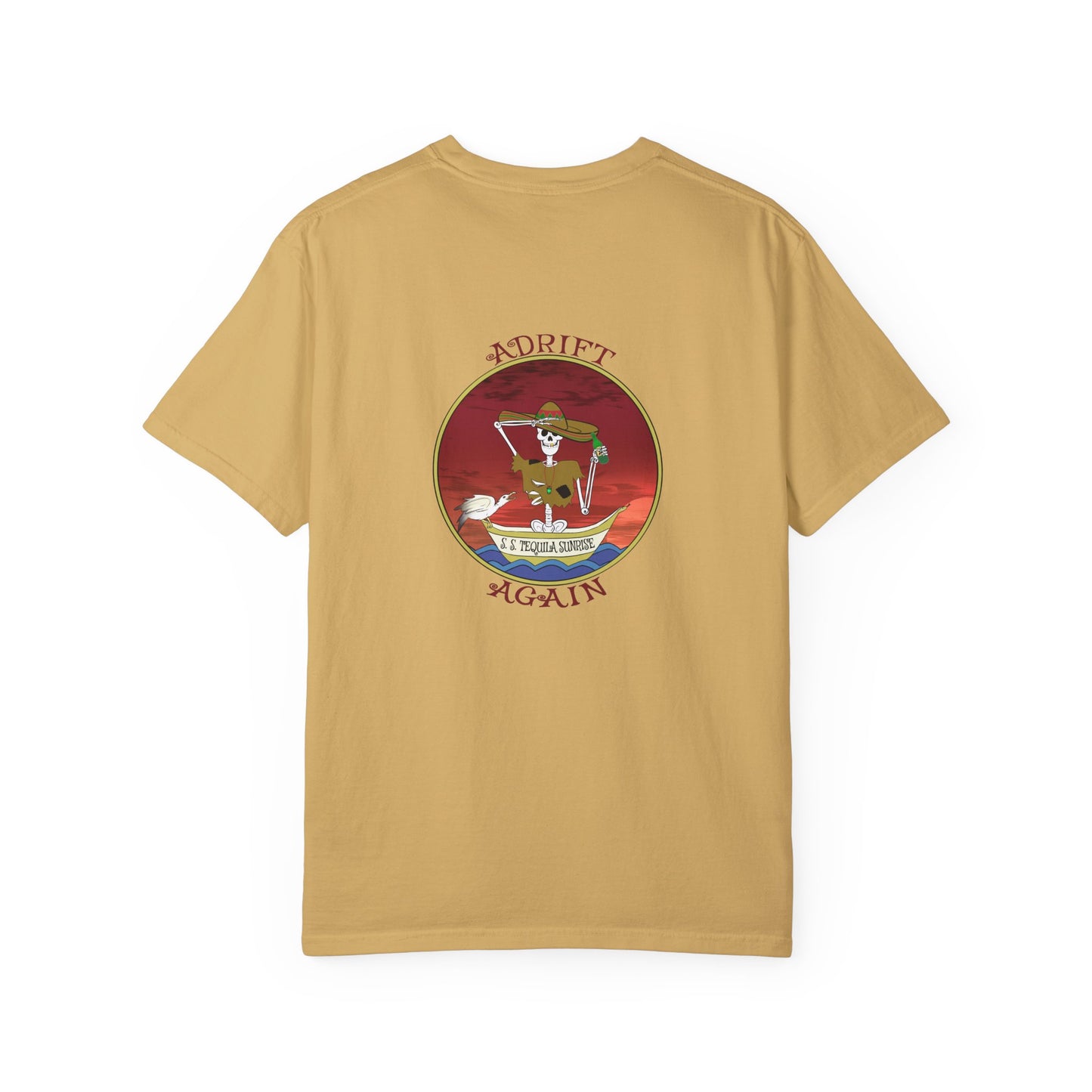 S. S. Tequila Sunrise, Unisex Garment-Dyed, Short Sleeve T-shirt, In Burnt Orange, Mustard & White