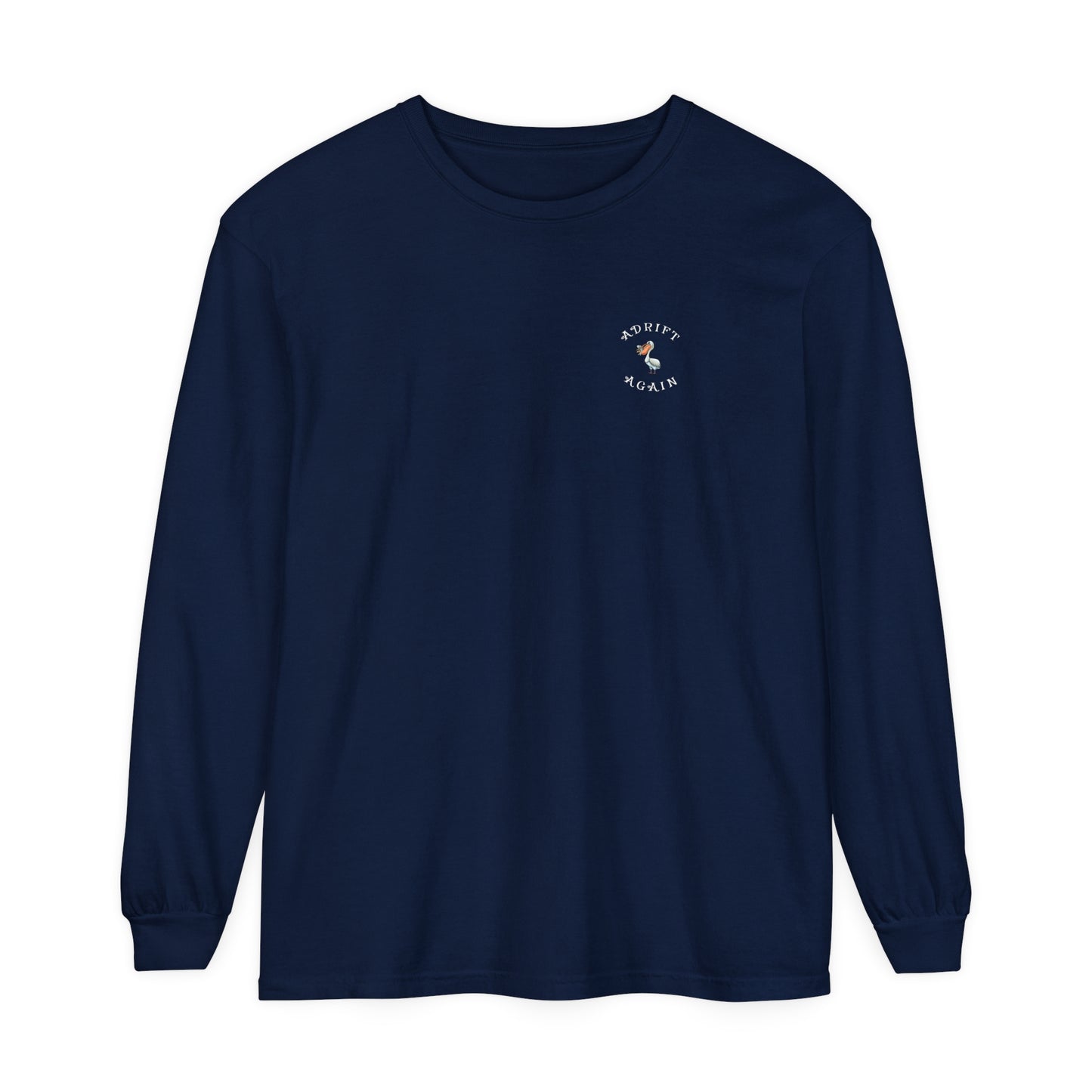 Peace, Love & Pelicans Unisex Garment-dyed Long Sleeve T-Shirt, in True Navy, Melon, Blue Jean & Black