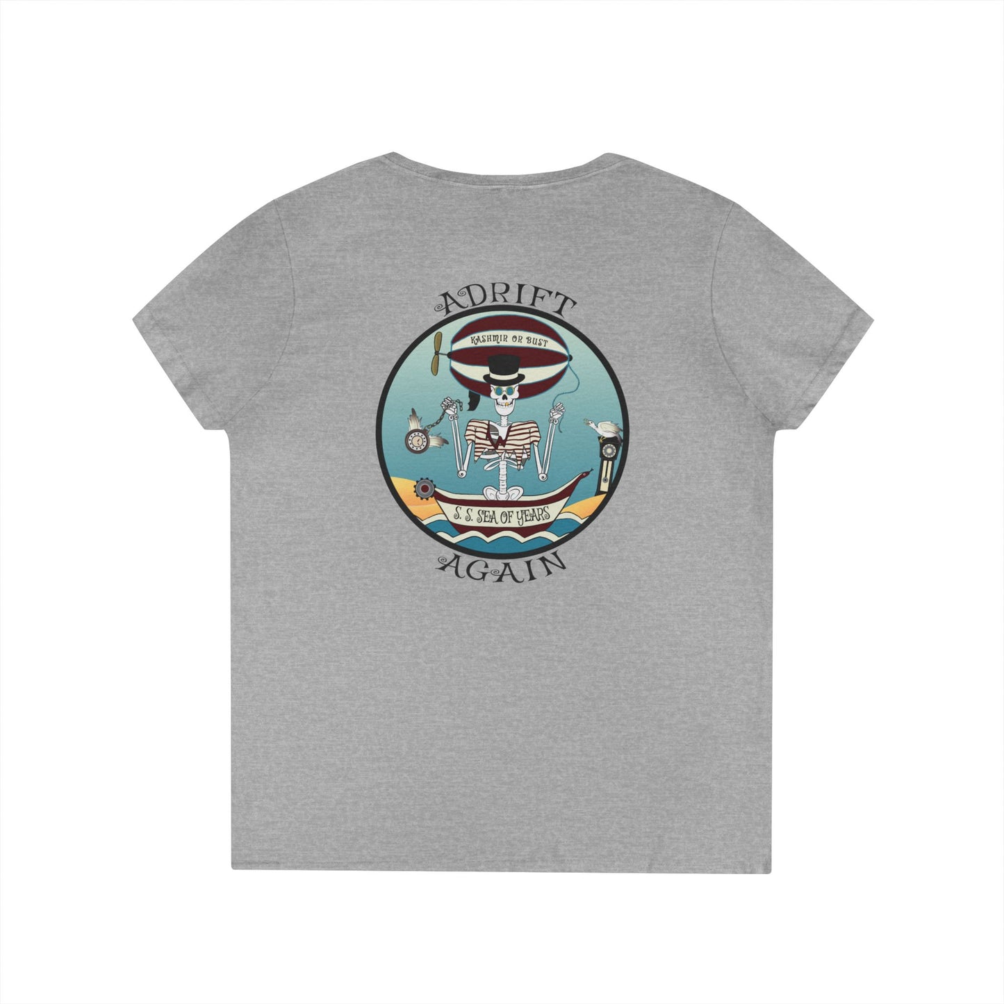 S. S. Sea Of Years, Women's V-Neck T-Shirt, in Sport Grey, Sapphire, and Coral Silk