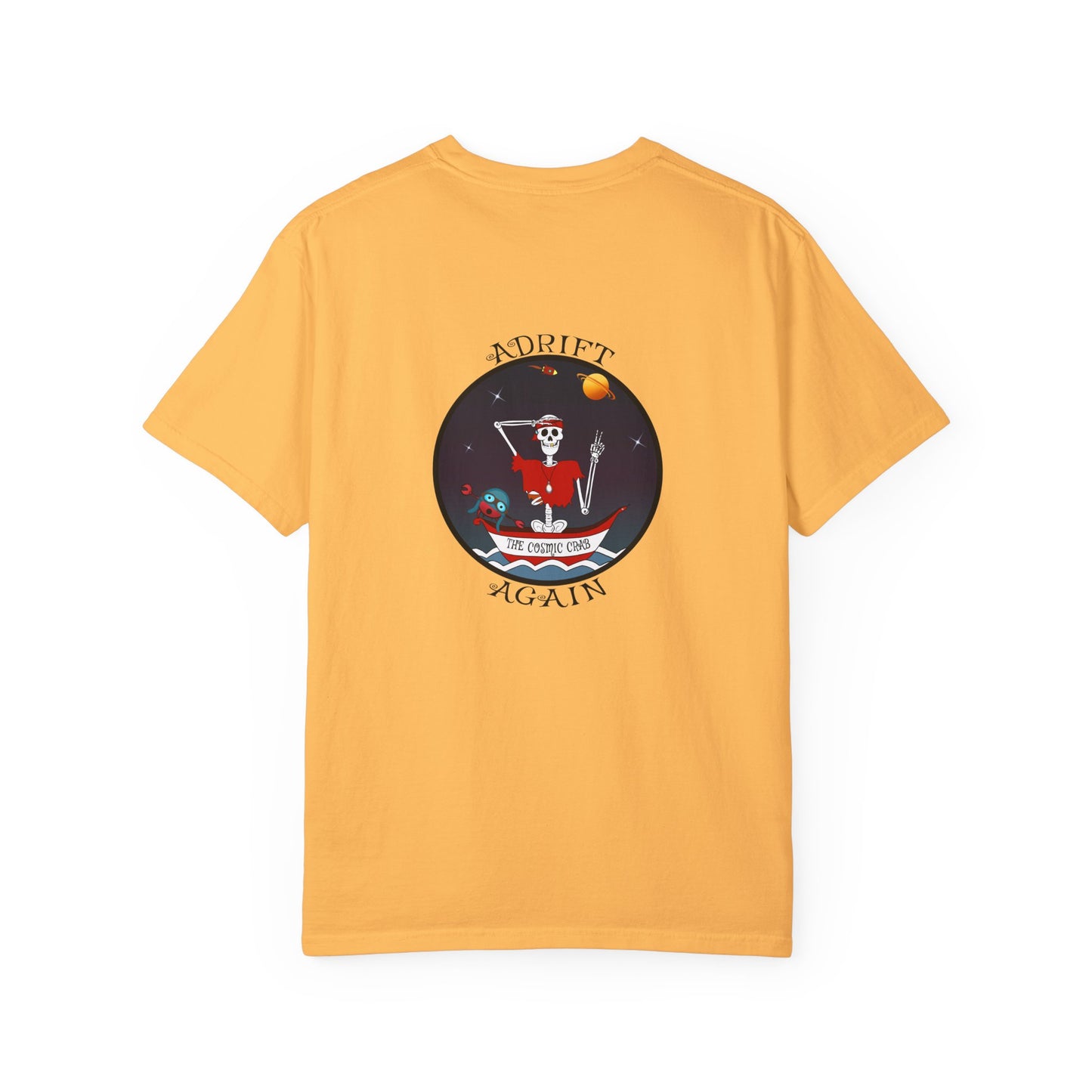 The Cosmic Crab, Unisex Garment-Dyed, Short Sleeve T-shirt, In Blue Jean, Black, Red, Citrus & White