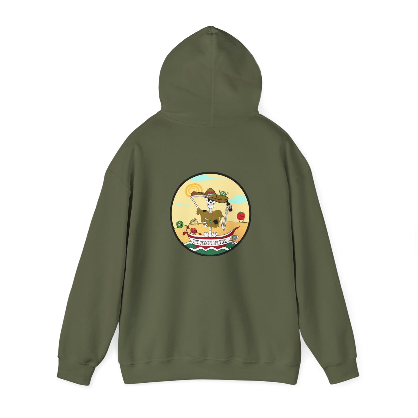 The Ceviche Shuttle, The Classic All Day Hooded Sweatshirt, In Military Green, Graphite Heather, Indigo Blue, Heather Sport Dark Navy, Antique Cherry Red, Safety Orange, Orange & Sand