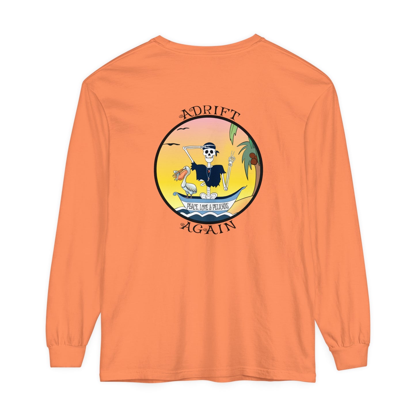 Peace, Love & Pelicans Unisex Garment-dyed Long Sleeve T-Shirt, in True Navy, Melon, Blue Jean & Black