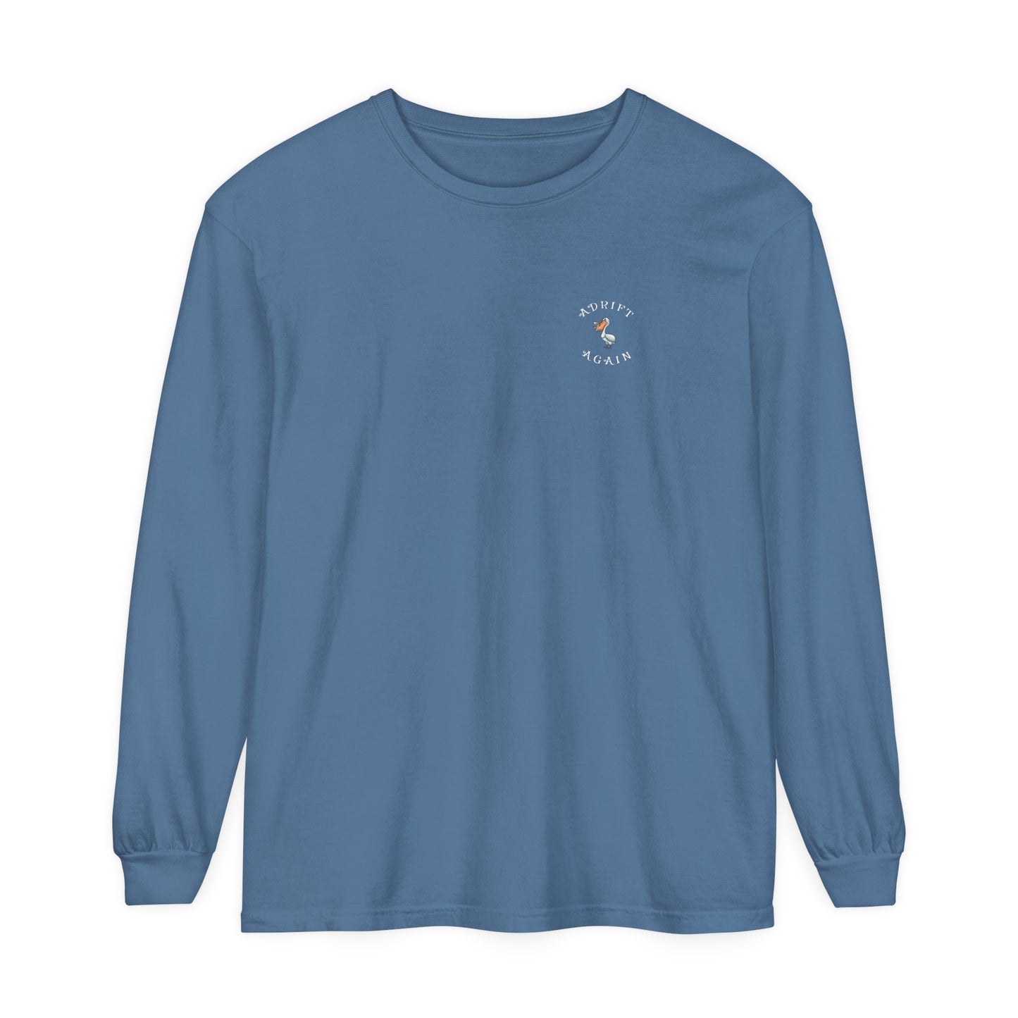 Peace, Love & Pelicans Unisex Garment-dyed Long Sleeve T-Shirt, in True Navy, Melon, Blue Jean & Black