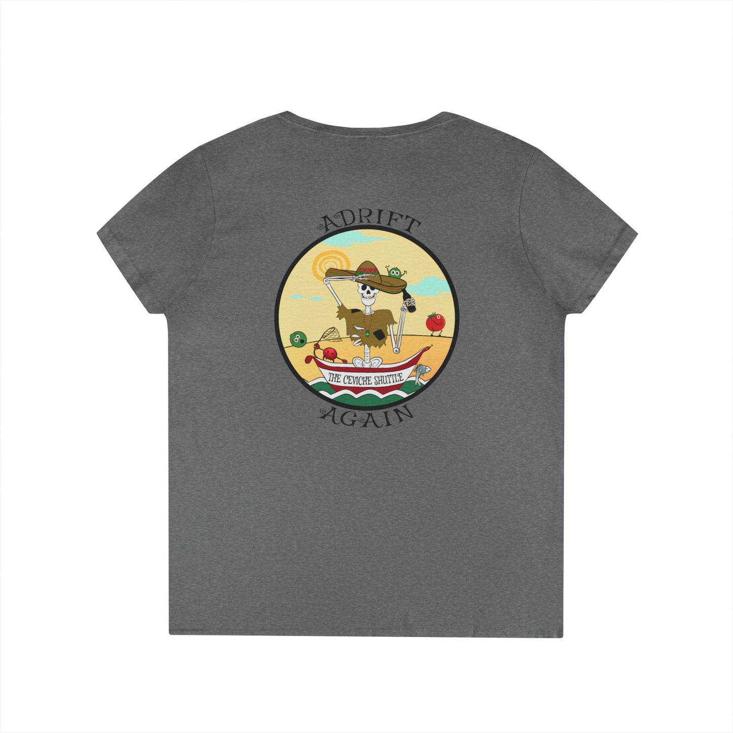 The Ceviche Shuttle, Women's V-Neck T-Shirt, in Sapphire, Red, Graphite Heather, White, Charcoal & Coral Silk