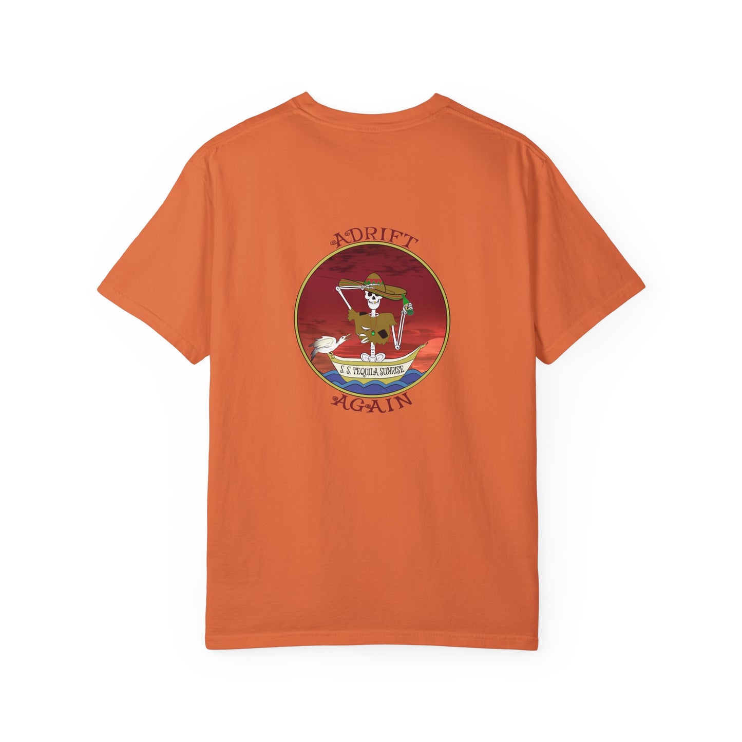S. S. Tequila Sunrise, Unisex Garment-Dyed, Short Sleeve T-shirt, In Burnt Orange, Mustard & White