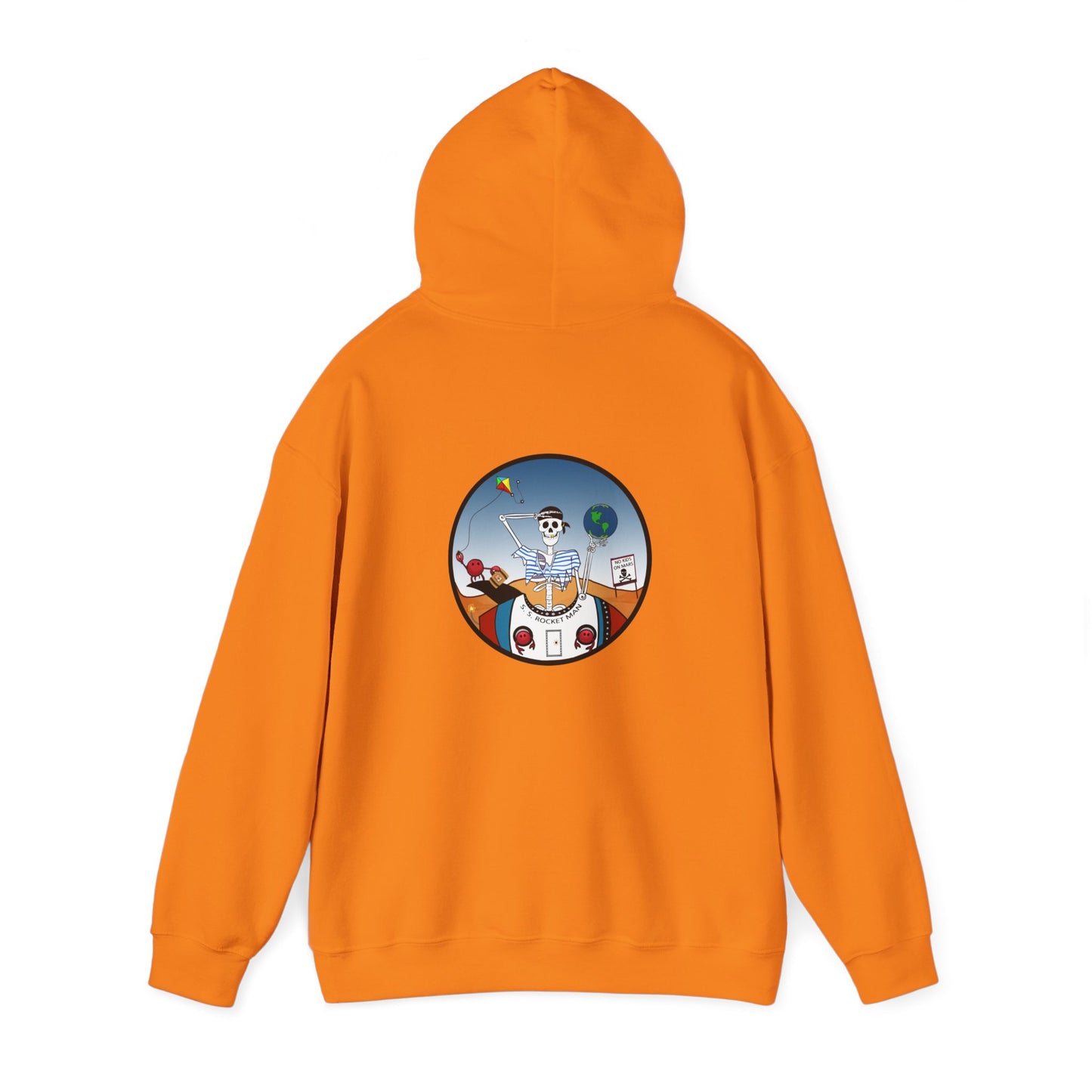 S. S. Rocket Man, The Classic All Day Hooded Sweatshirt, Safety Orange, Charry Red, Irish Green, and Light Blue