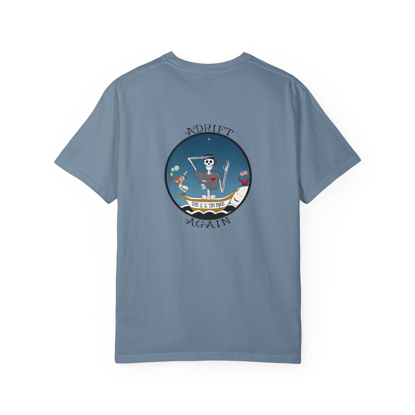 The S. S. Tin Man, Unisex Garment-Dyed, Short Sleeve T-shirt, In Mustard, Granite, White, Ice Blue and Black