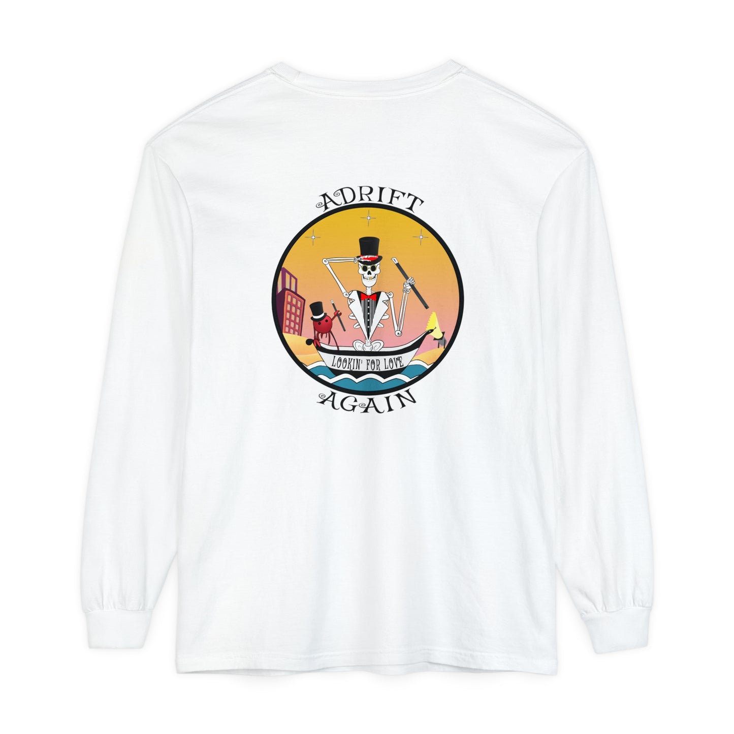Lookin' For Love Unisex Garment-dyed Long Sleeve T-Shirt, Melon, Black & White